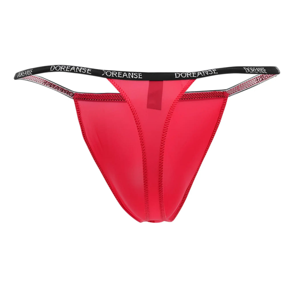 Bright red doreanse 1390-red aire thong with black elastic waistband featuring white brand name lettering