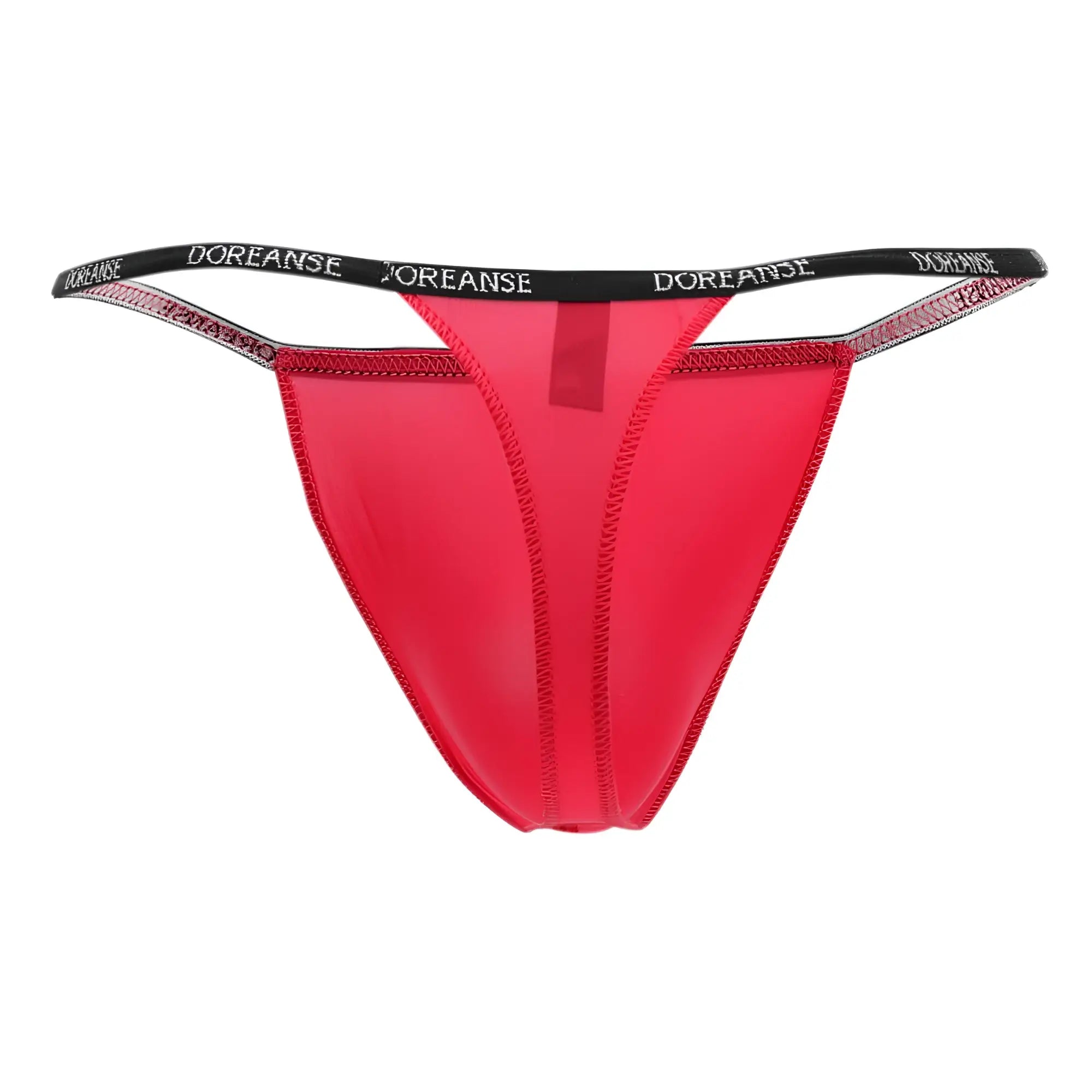 Bright red doreanse 1390-red aire thong with black elastic waistband featuring white brand name lettering