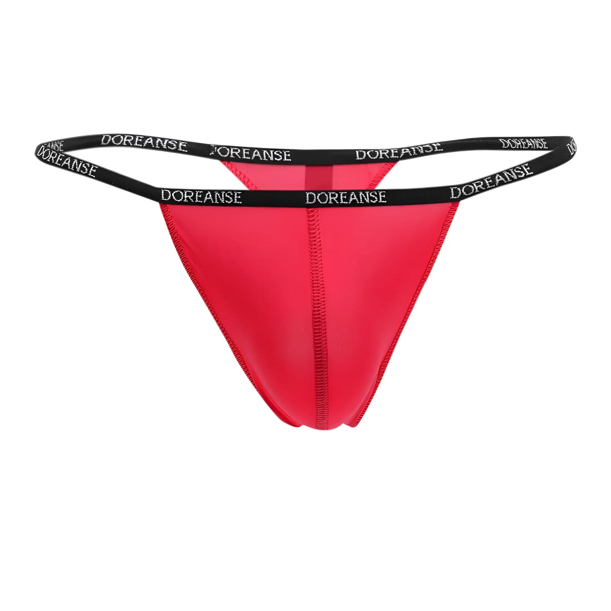 Bright red doreanse 1390-RED aire thong with black elastic waistband featuring white doreanse branding