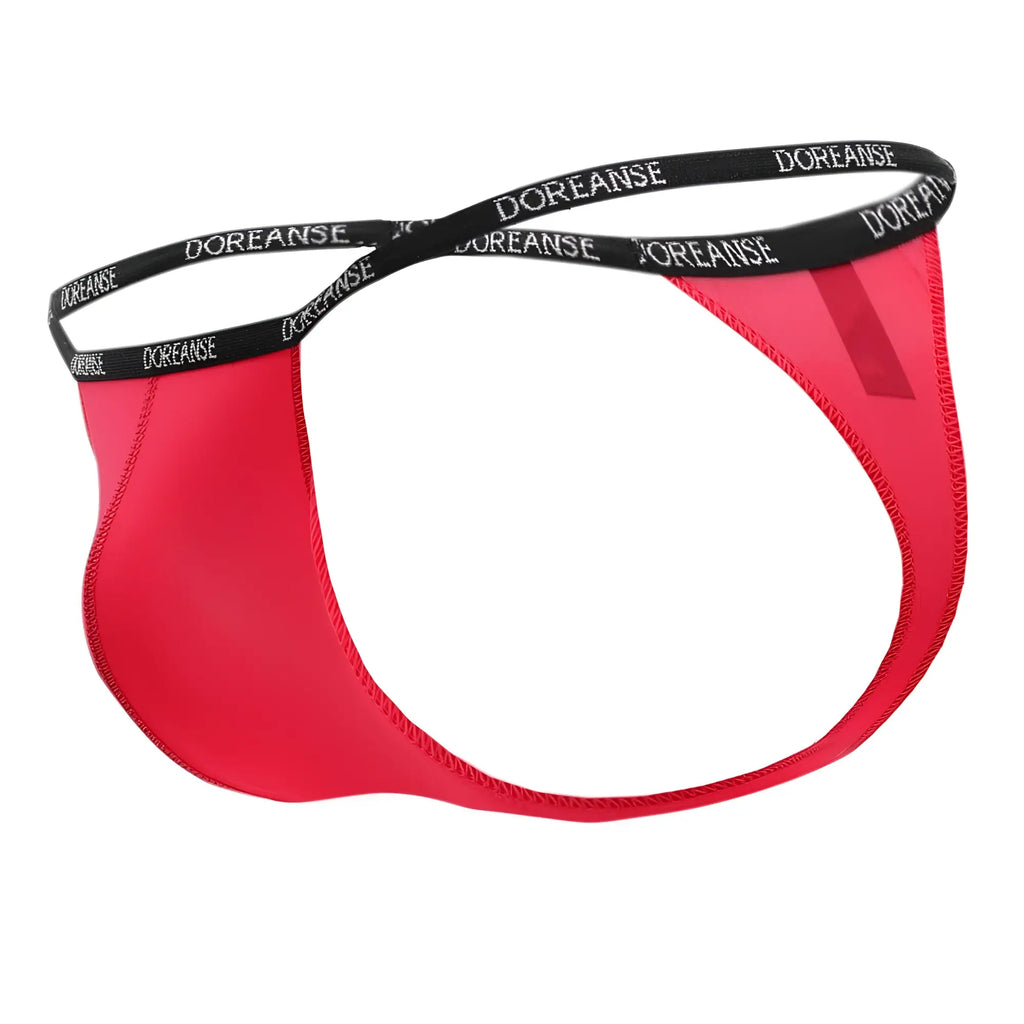 Red doreanse 1390-red aire thong briefs with black elastic waistband and white lettering in red color