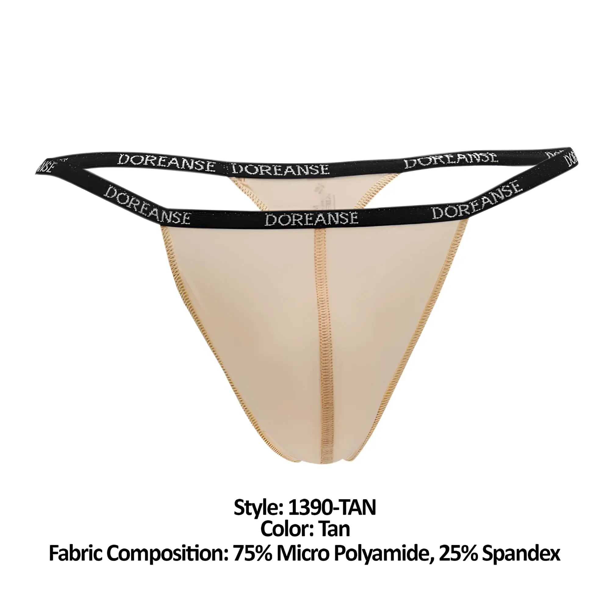 Tan doreanse 1390-tan aire thong with black elastic waistband and white doreanse brand lettering in tan color