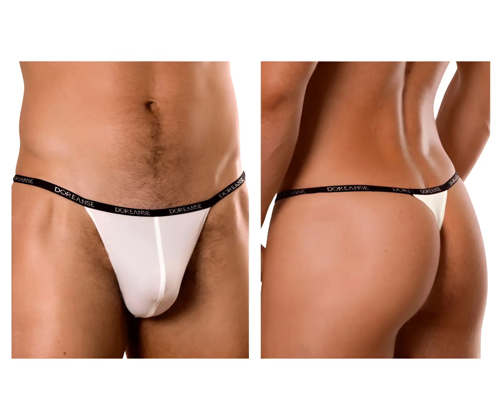 White doreanse 1390-wht aire thong with black elastic waistband featuring repeating doreanse brand logo