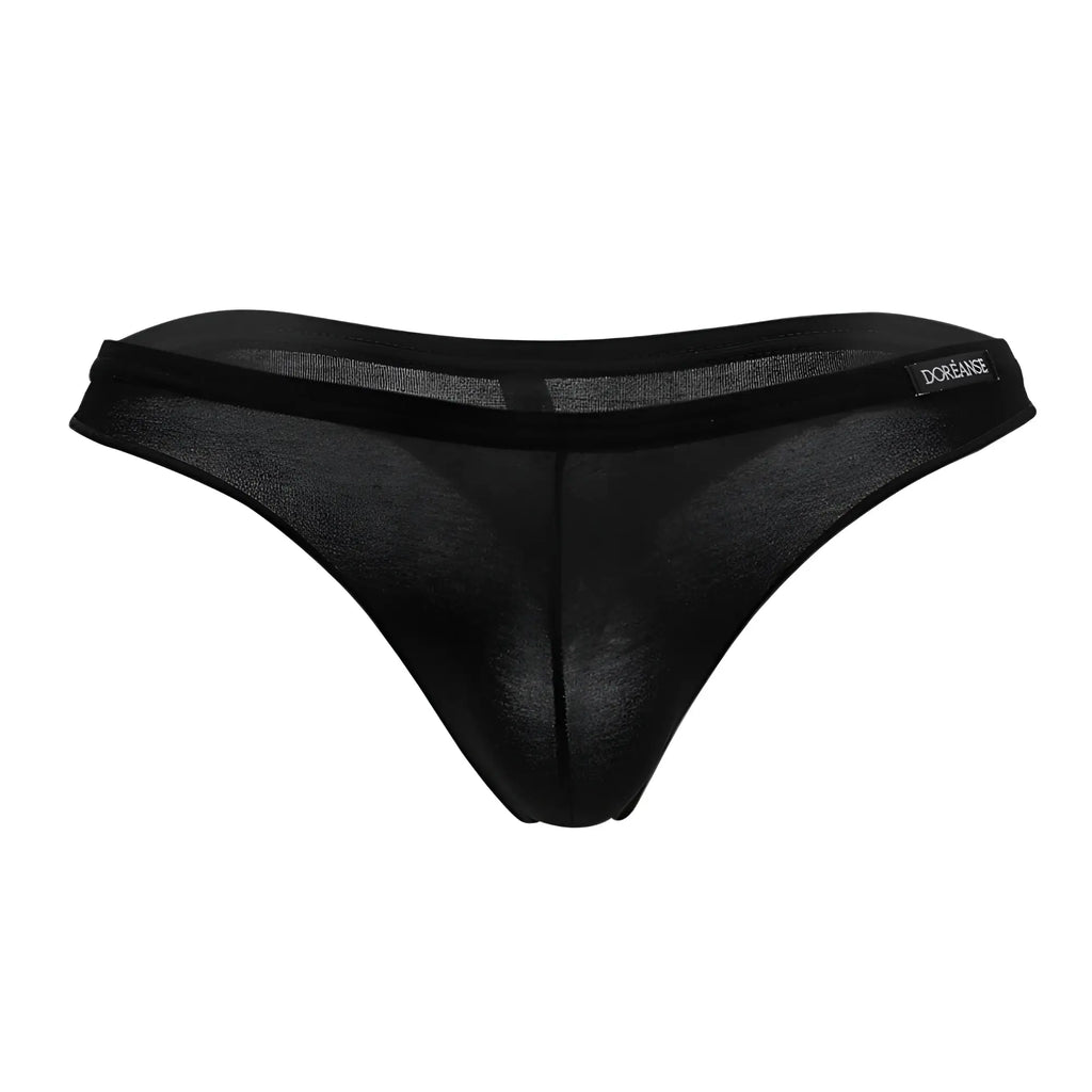 Black sheer mesh euro thong with solid waistband and dorange embroidery in black by doreanse 1392-BLK