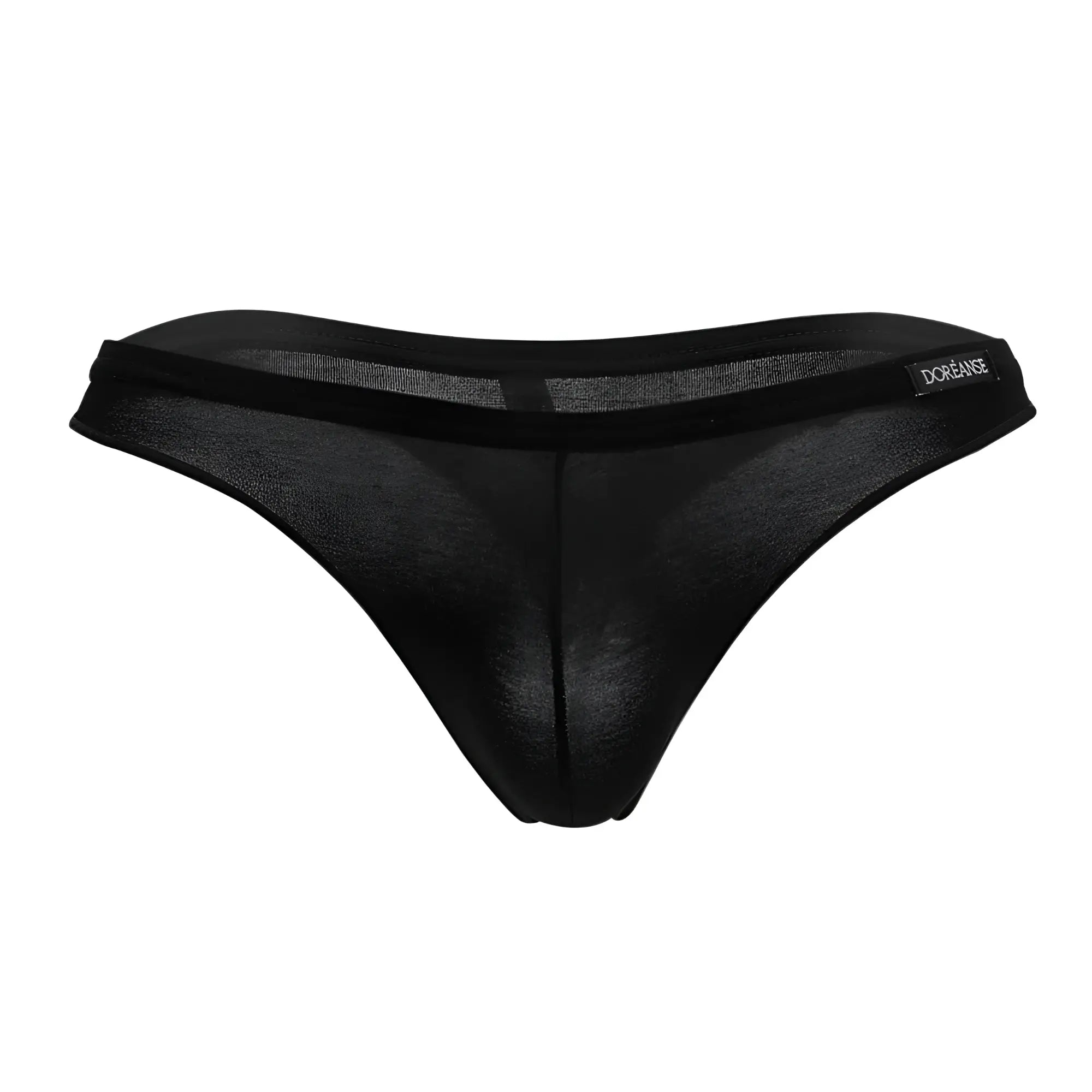 Black sheer mesh euro thong with solid waistband and dorange embroidery in black by doreanse 1392-BLK