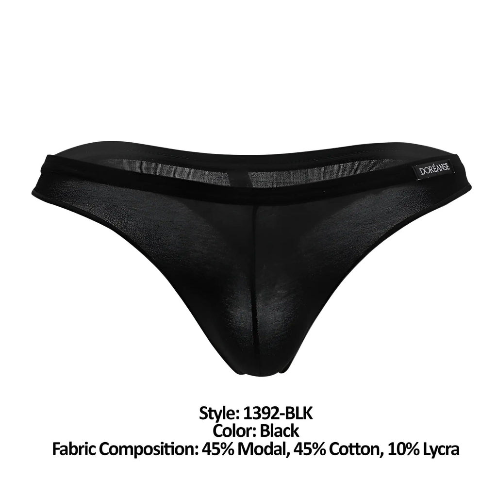 Black sheer euro thong with solid waistband and doreanse brand label in color black shown from the back side