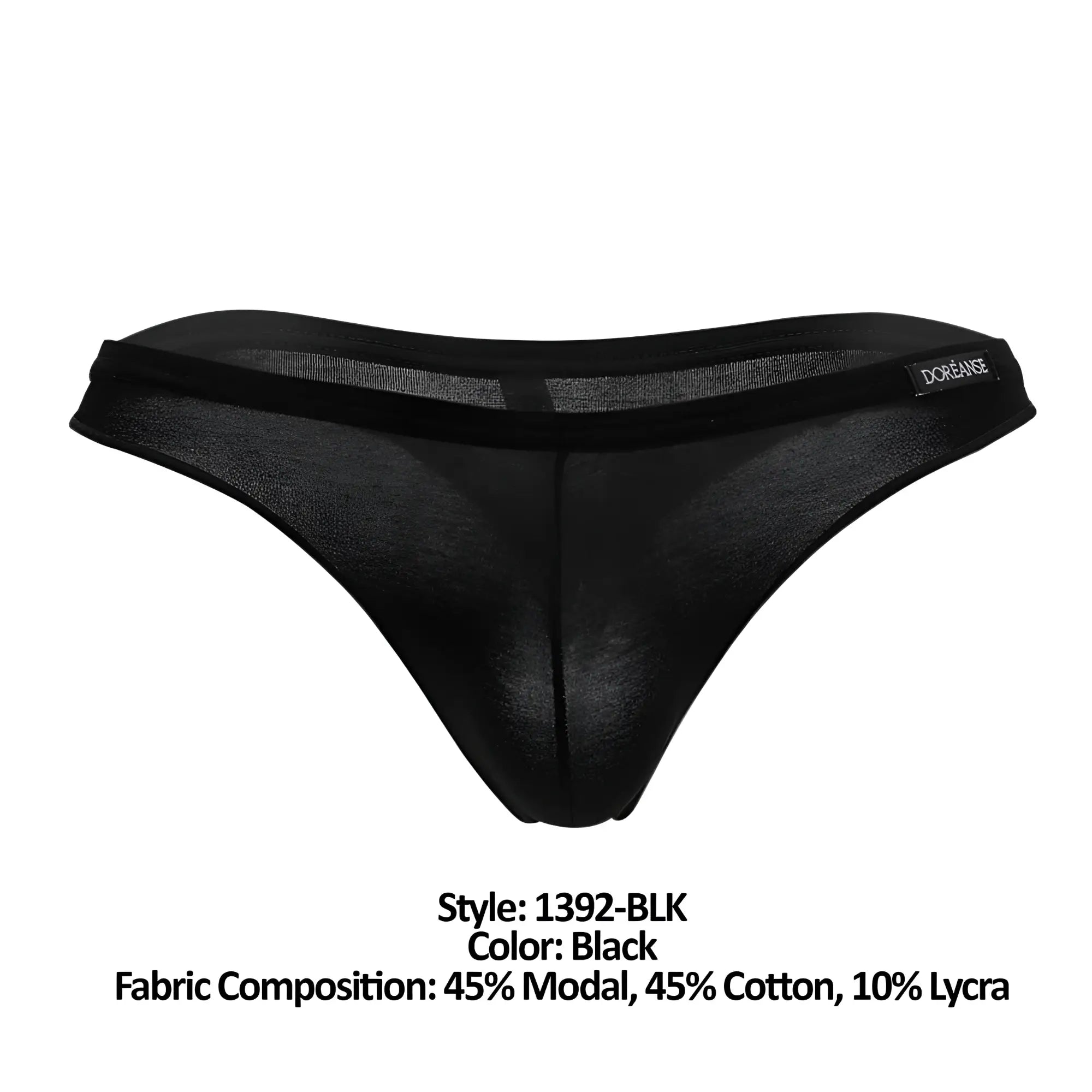 Black sheer euro thong with solid waistband and doreanse brand label in color black shown from the back side