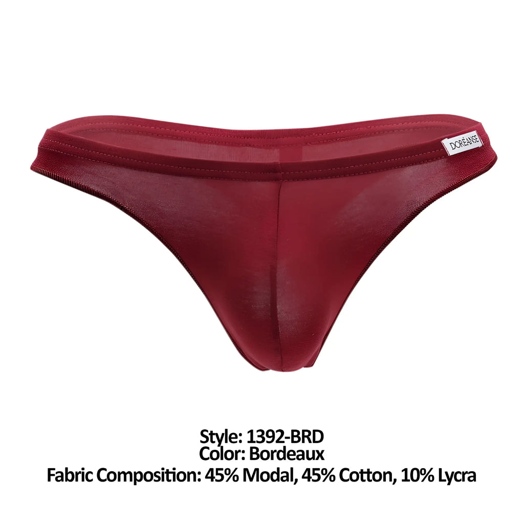 Bordeaux-colored sheer mesh euro thong with satin-like finish and white Doreanse brand tag on waistband