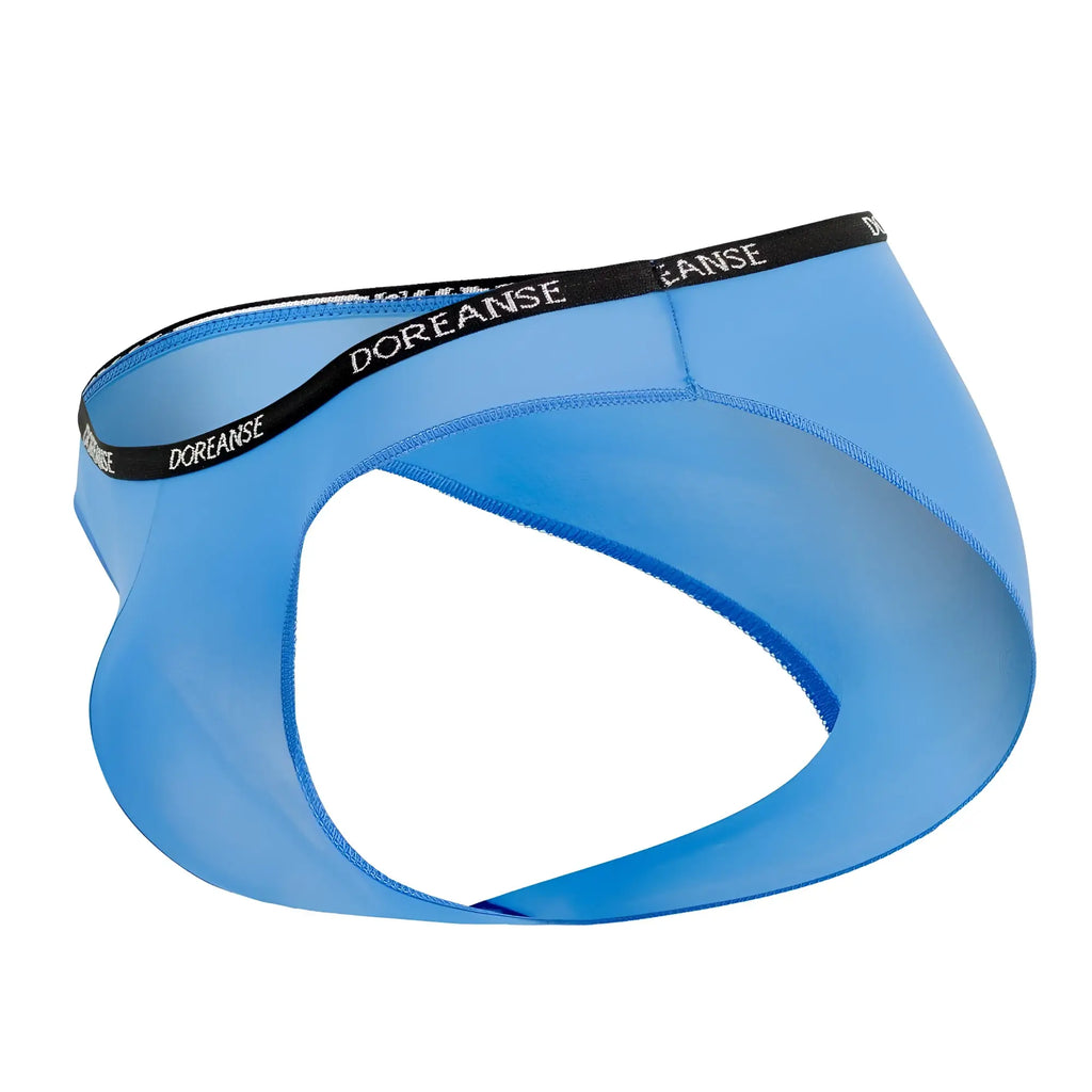 Light blue sheer doreanse 1395-blu aire bikini briefs with black elastic waistband and white brand lettering