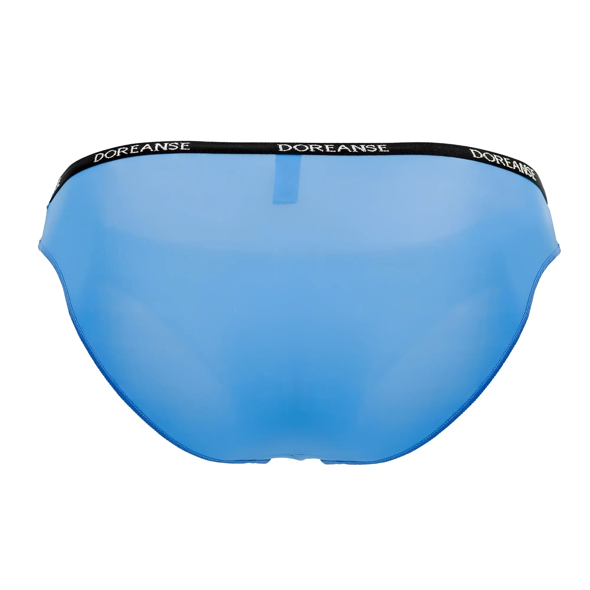 Blue translucent Doreanse 1395-BLU Aire bikini briefs with black waistband and white brand lettering in cobalt blue