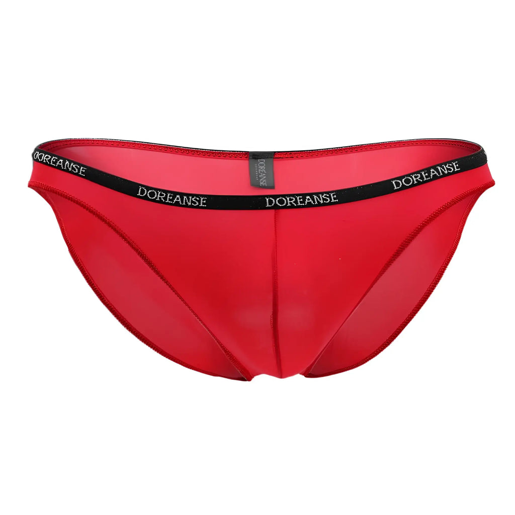 Red doreanse 1395-red aire bikini briefs with black waistband and white brand name lettering in red color