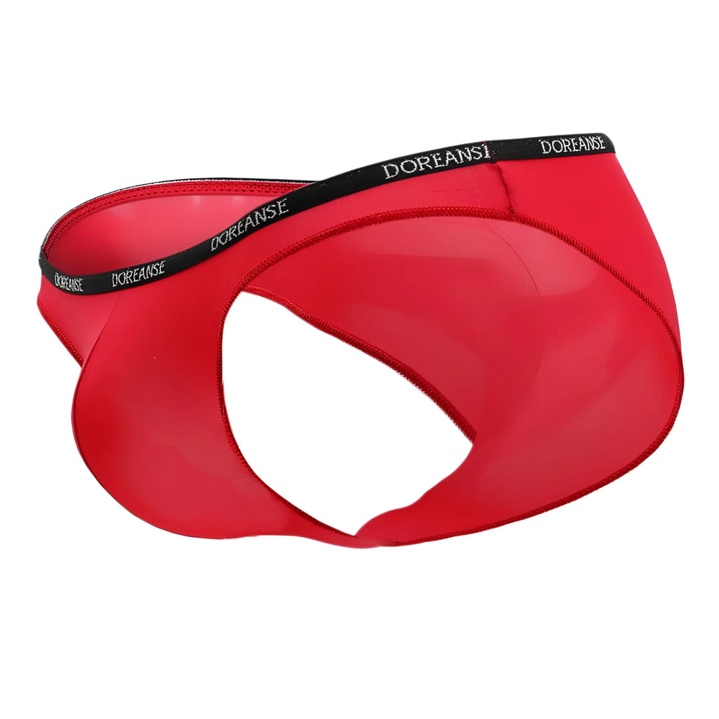Red doreanse 1395 aire bikini men’s briefs with glossy finish and black elastic waistband featuring brand name