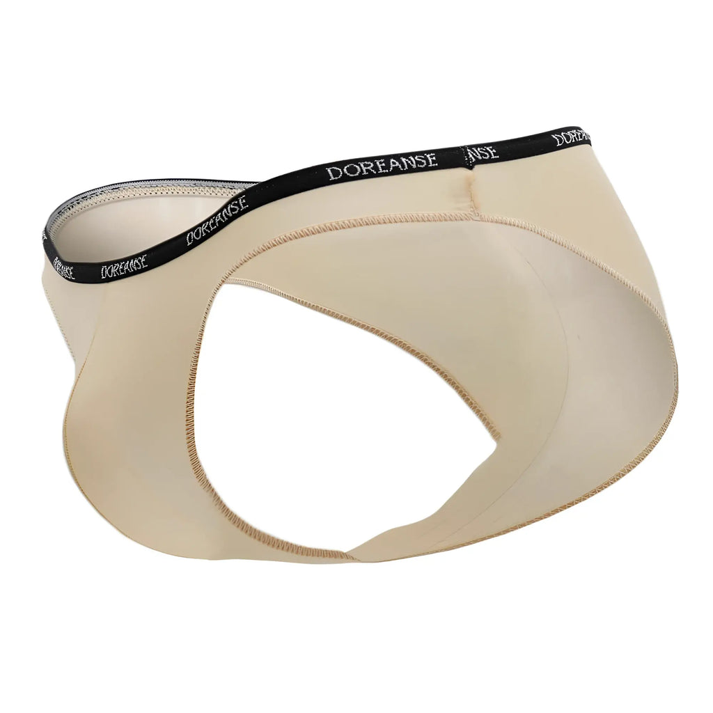Beige doreanse 1395-tan aire bikini briefs with black waistband featuring white doreanse lettering in tan color