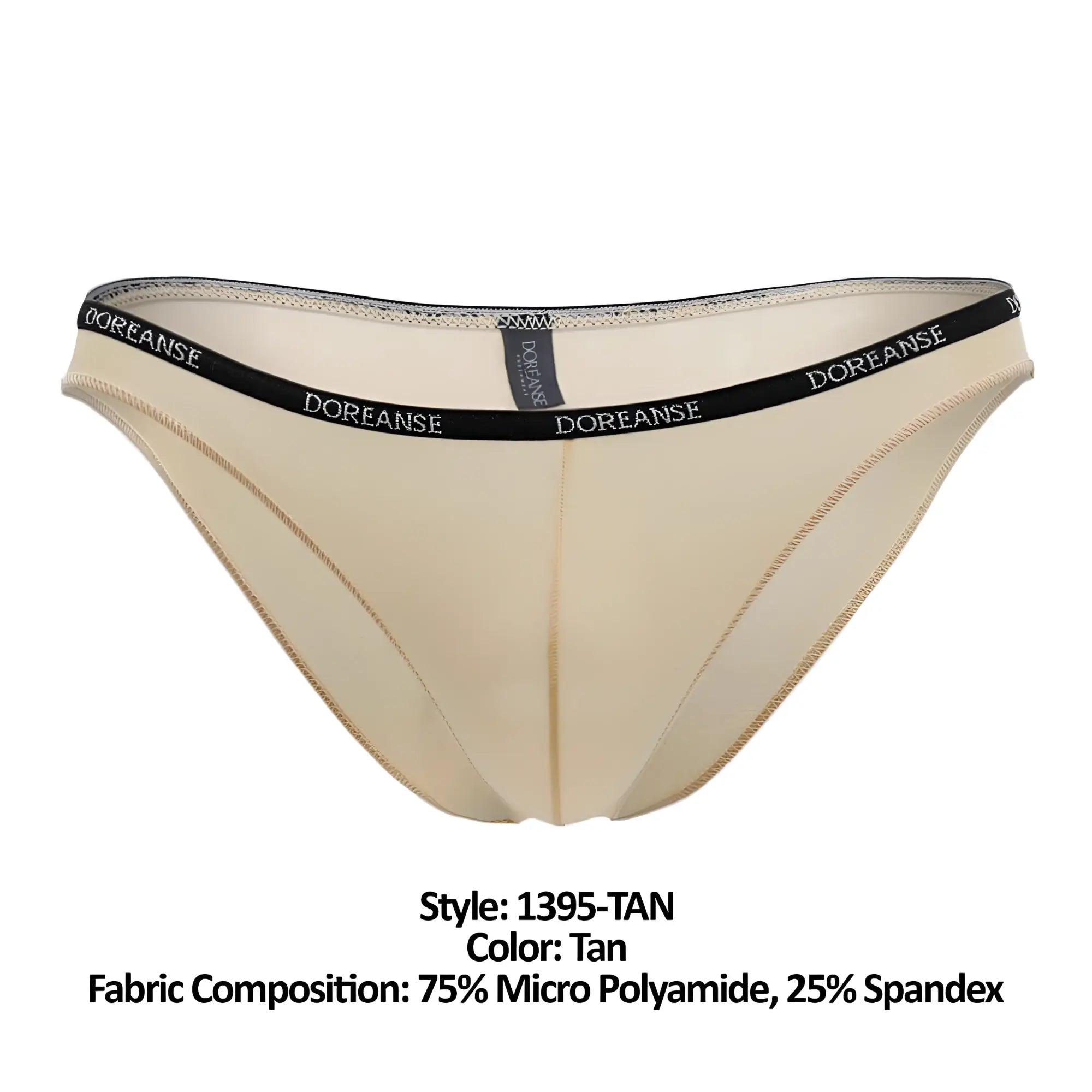 Tan doreanse 1395 aire bikini briefs with black elastic waistband in 75% micro polyamide and 25% spandex