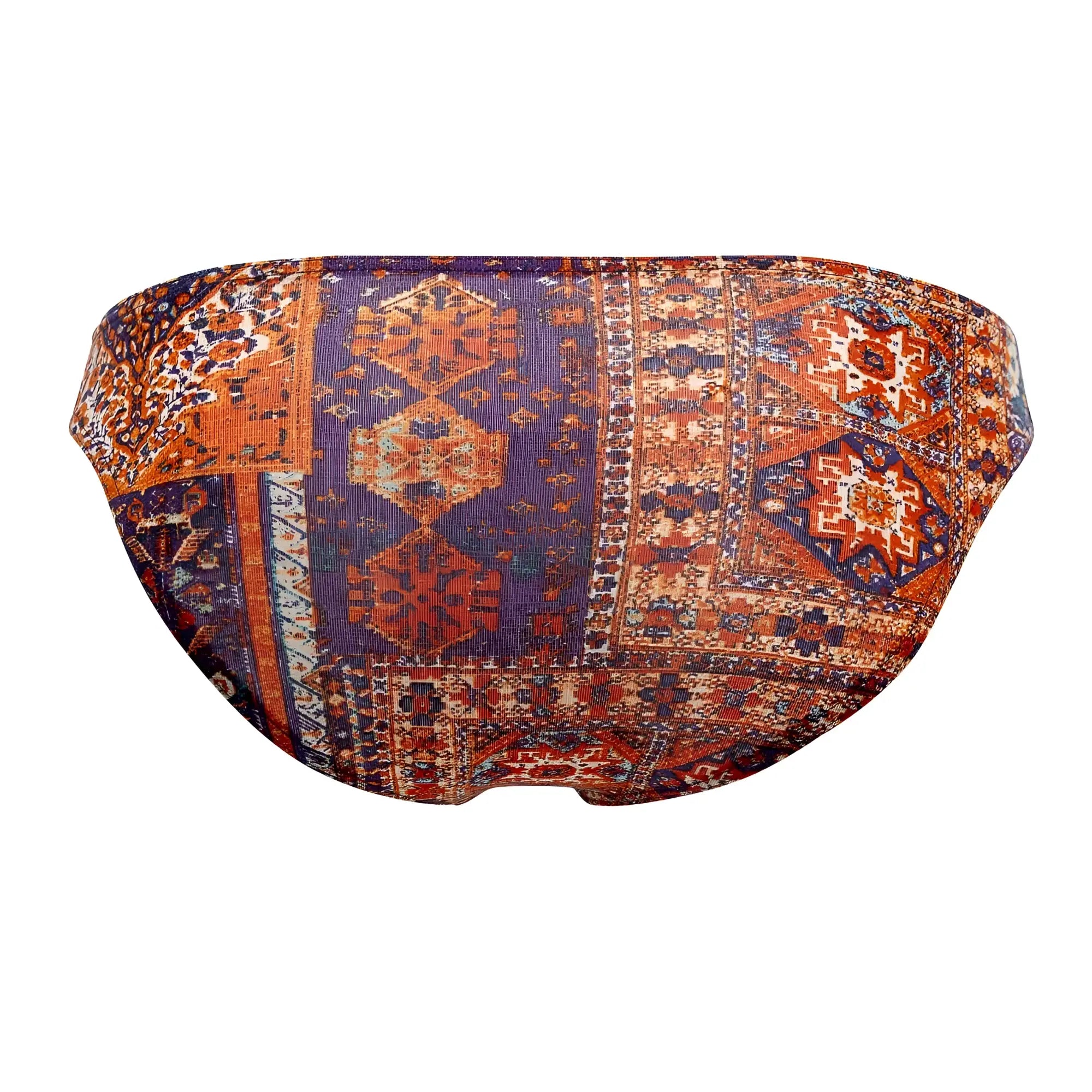 A pair of doreanse 1403-prn persian briefs color printed women’s bikini bottoms with vibrant patchwork in orange purple and brown