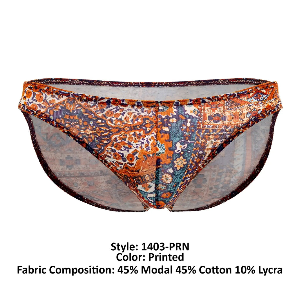 Doreanse 1403-prn persian briefs with orange blue and brown paisley print on sheer mesh fabric