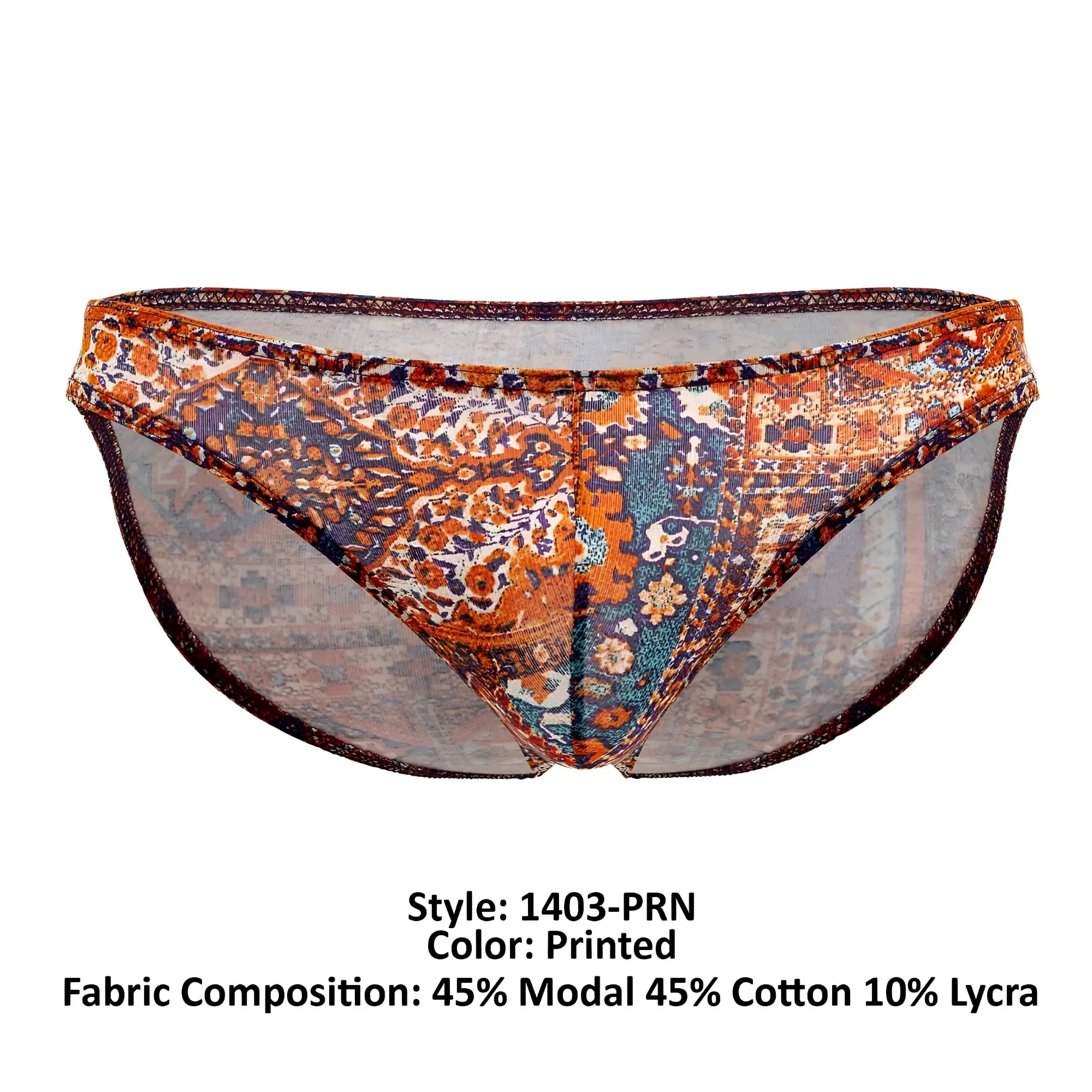 Doreanse 1403-prn persian briefs with orange blue and brown paisley print on sheer mesh fabric