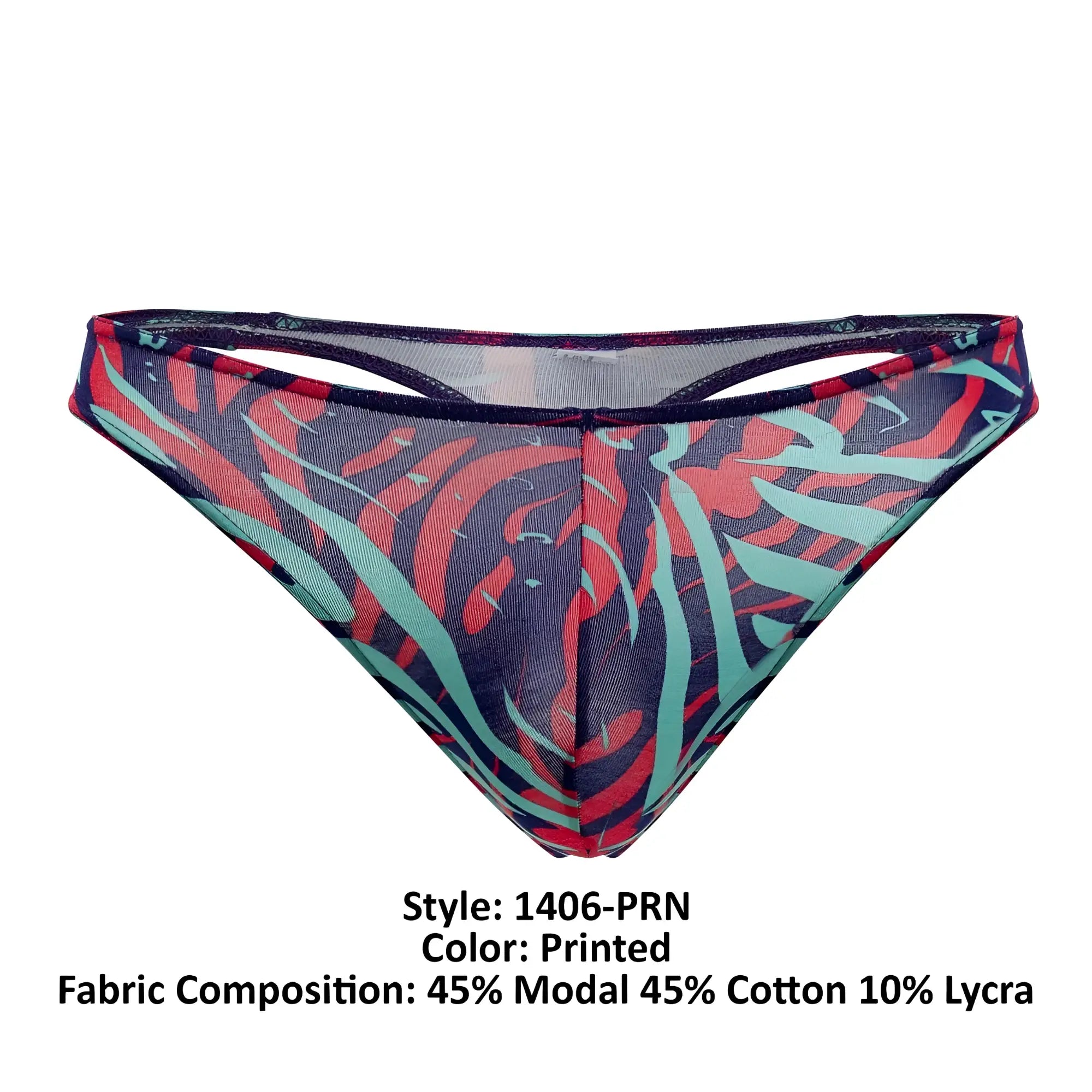 Doreanse 1406-PRN submarine thongs printed sheer mesh brief with bold red and teal abstract pattern on dark base