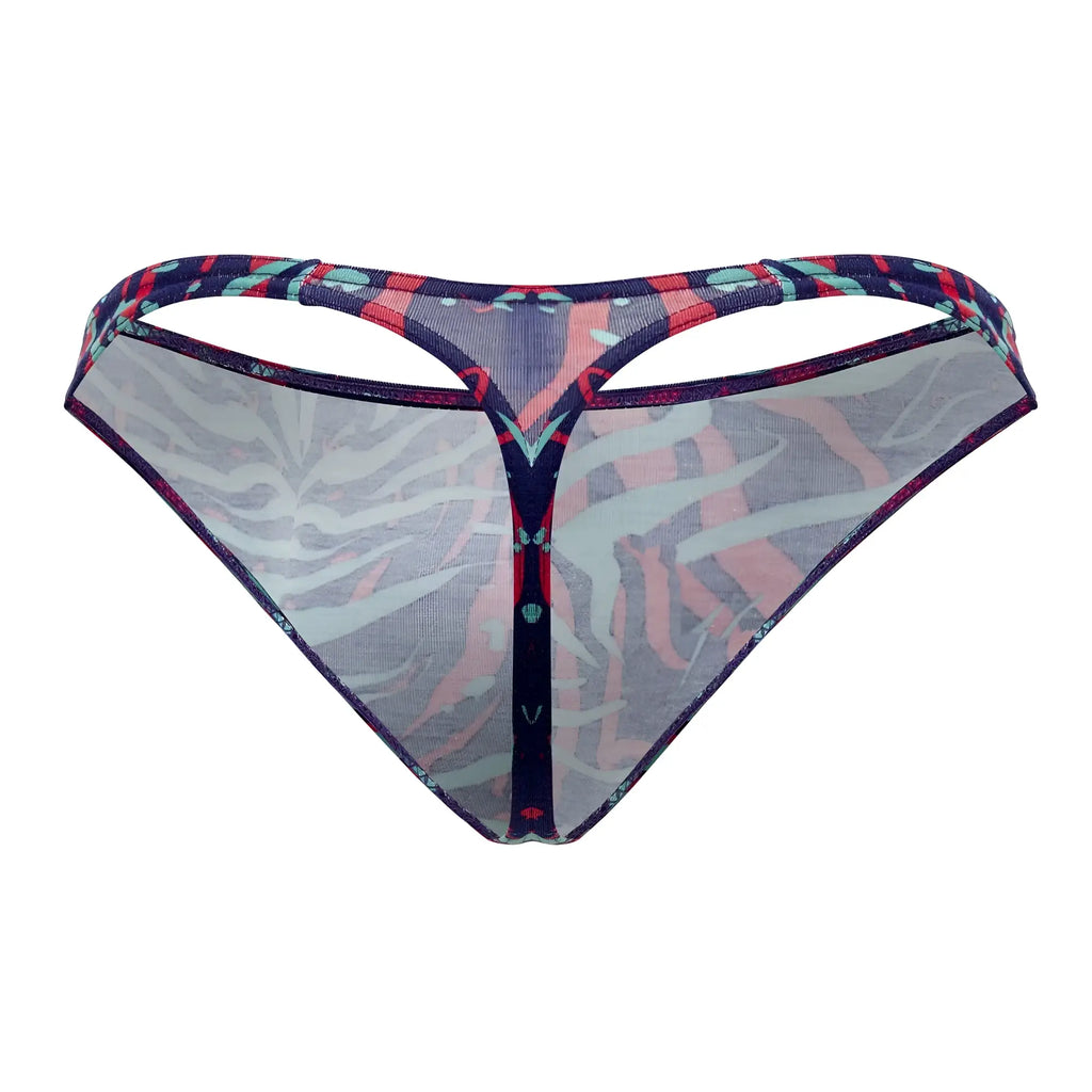 Doreanse 1406-PRN submarine thongs sheer patterned thong with vibrant red and blue geometric waistband front view
