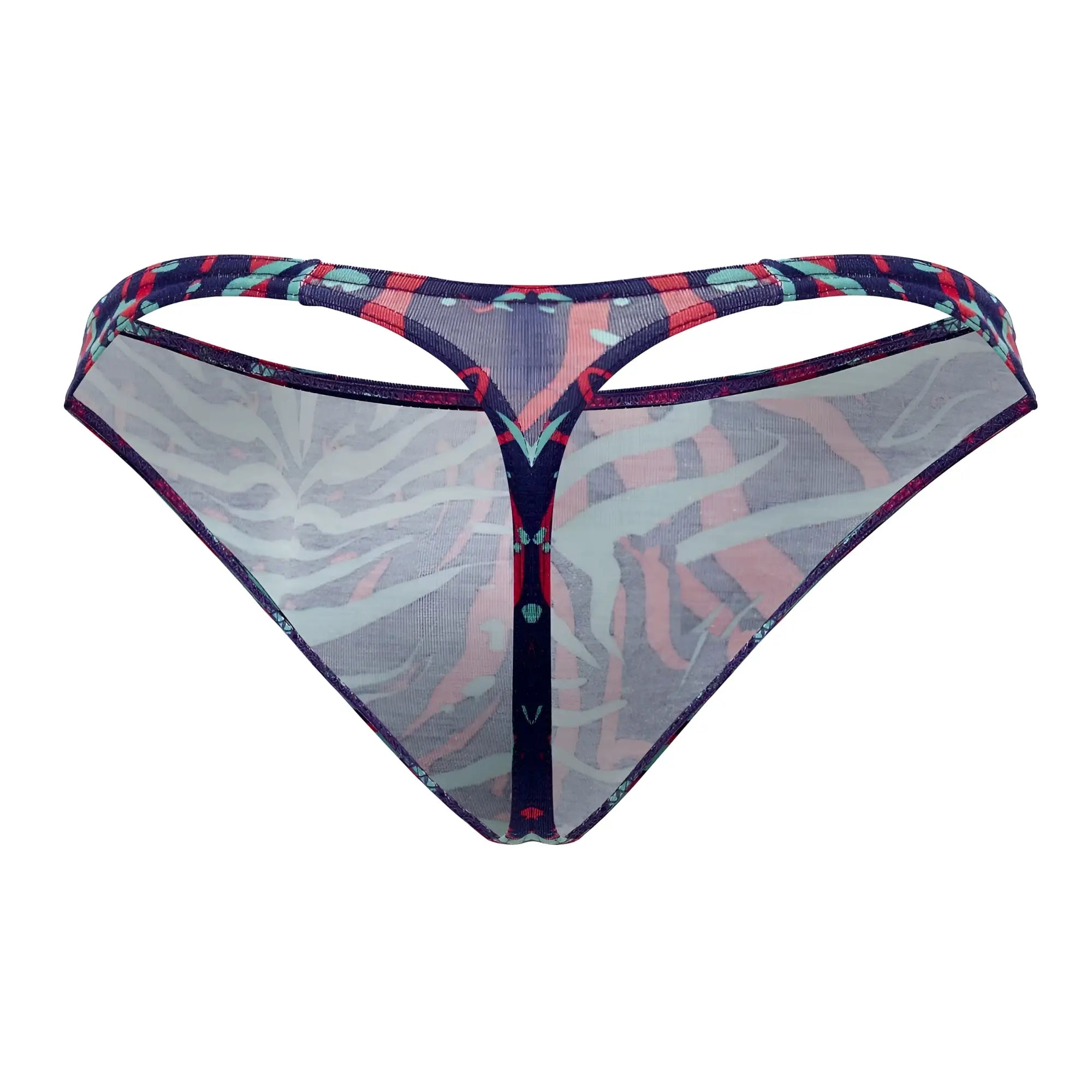 Doreanse 1406-PRN submarine thongs sheer patterned thong with vibrant red and blue geometric waistband front view