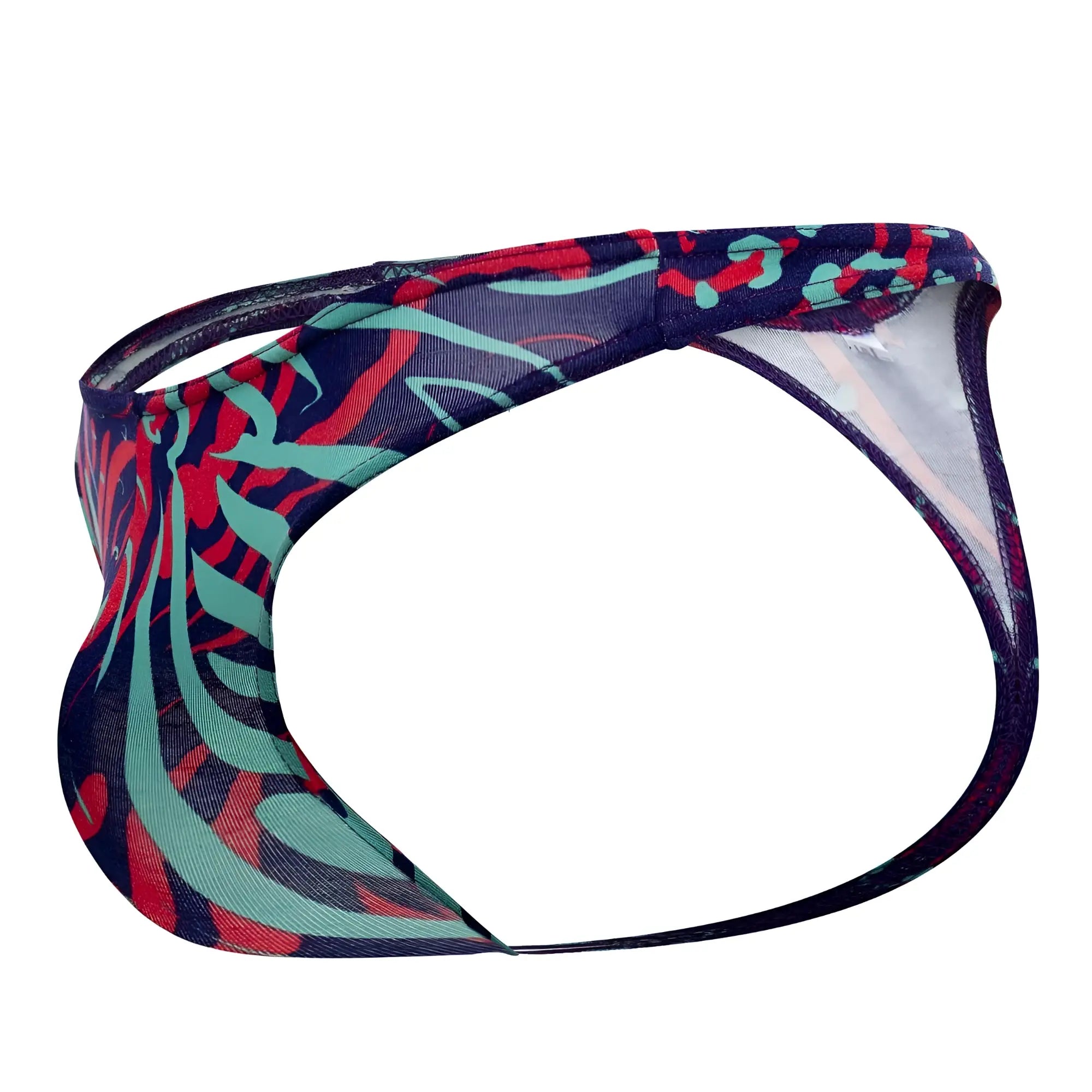 Doreanse 1406-PRN submarine thong with bold red teal abstract leaf print on navy blue vibrant patterned fabric