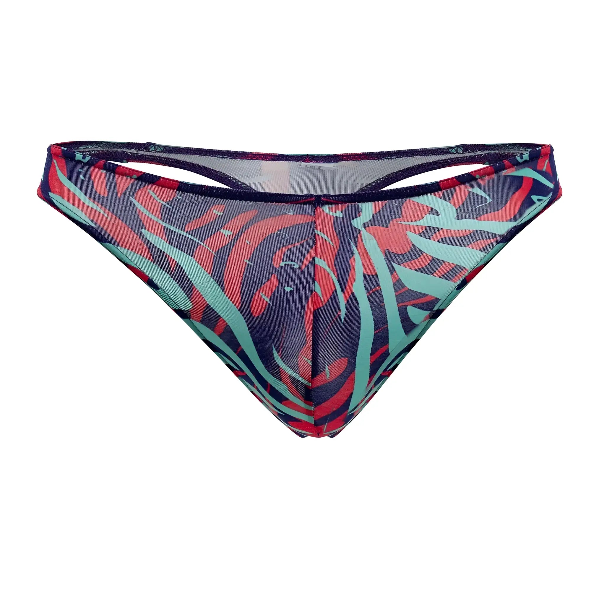 Vibrant red and teal abstract patterned mesh thong with dark blue trim from doreanse 1406-prn submarine thongs color printed