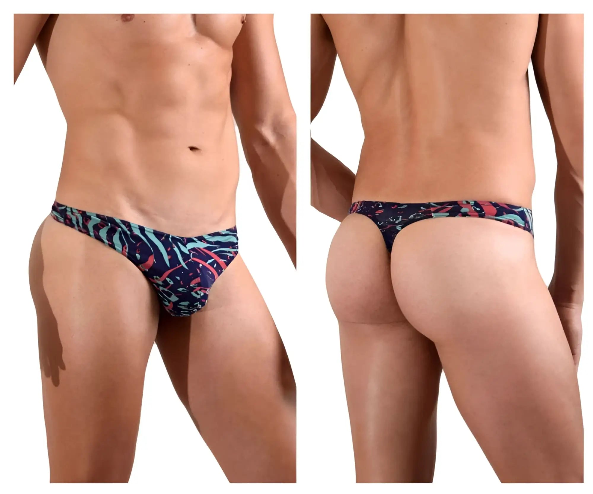 Doreanse 1406-PRN submarine thong in vibrant tropical leaf pattern navy blue teal and pink for men