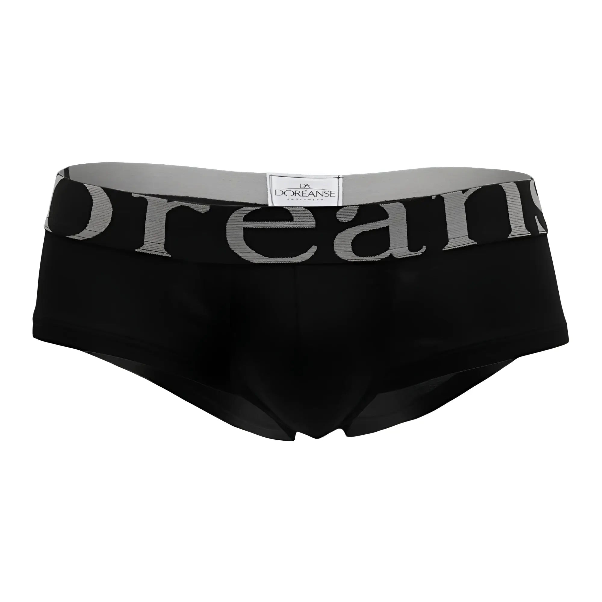 Black doreanse 1779-bk pouch mini trunk briefs with gray elastic waistband featuring dream lettering and white brand tag