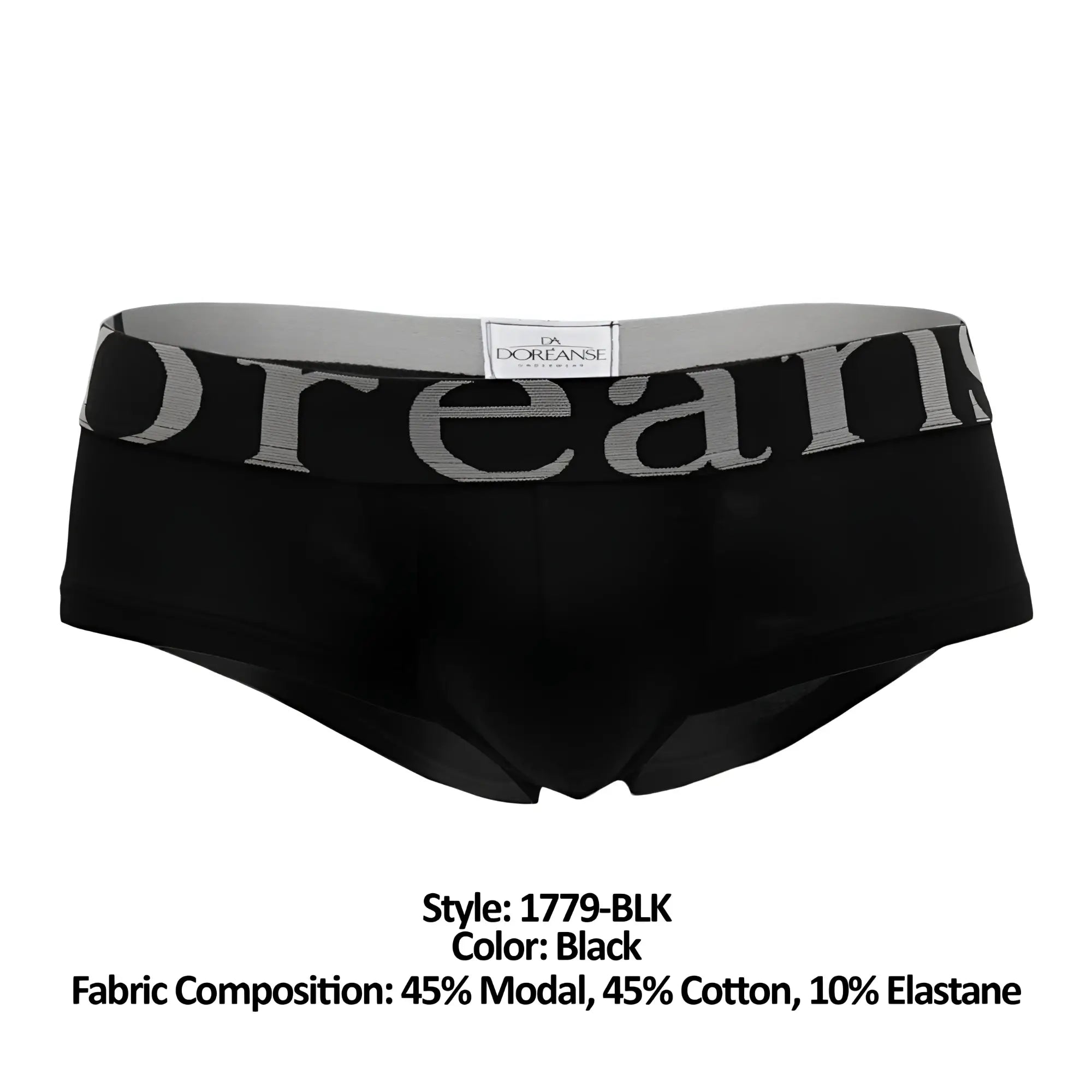 Black doreanse 1779-blk pouch mini trunk briefs with gray elastic waistband featuring bold brand name
