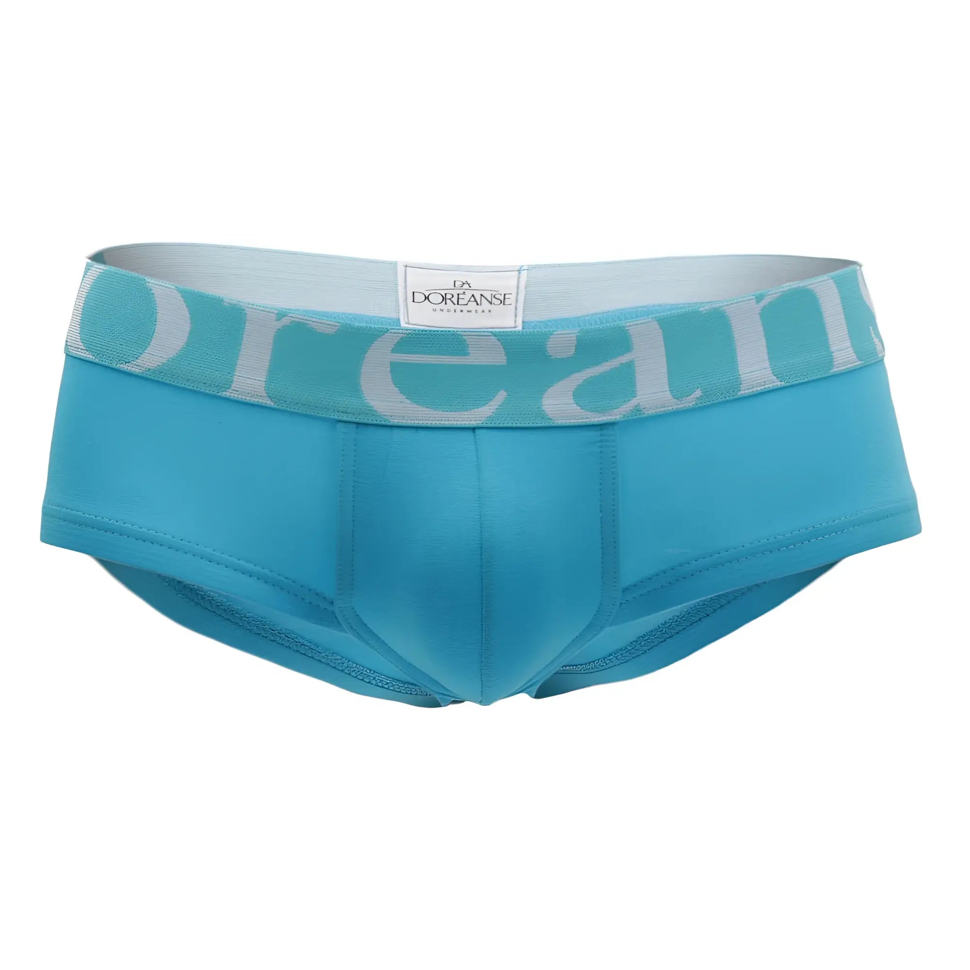 Turquoise blue doreanse 1779-trq pouch mini trunk briefs with matching waistband and light gray brand lettering