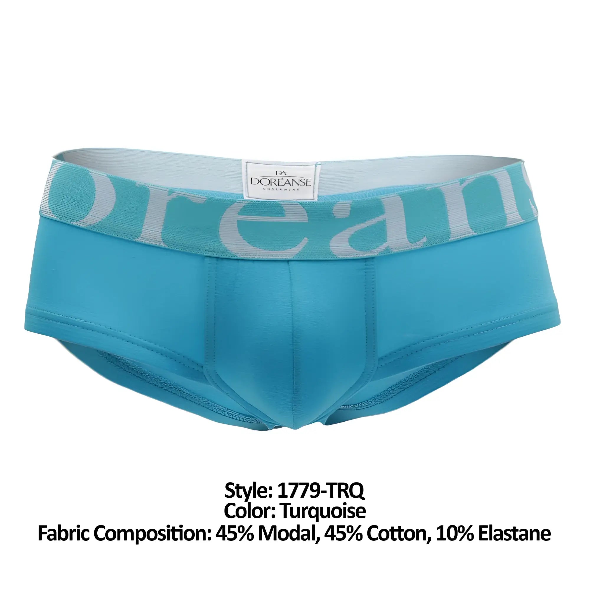 Turquoise doreanse 1779-trq pouch mini trunk underwear with matching elastic waistband and light gray brand name lettering