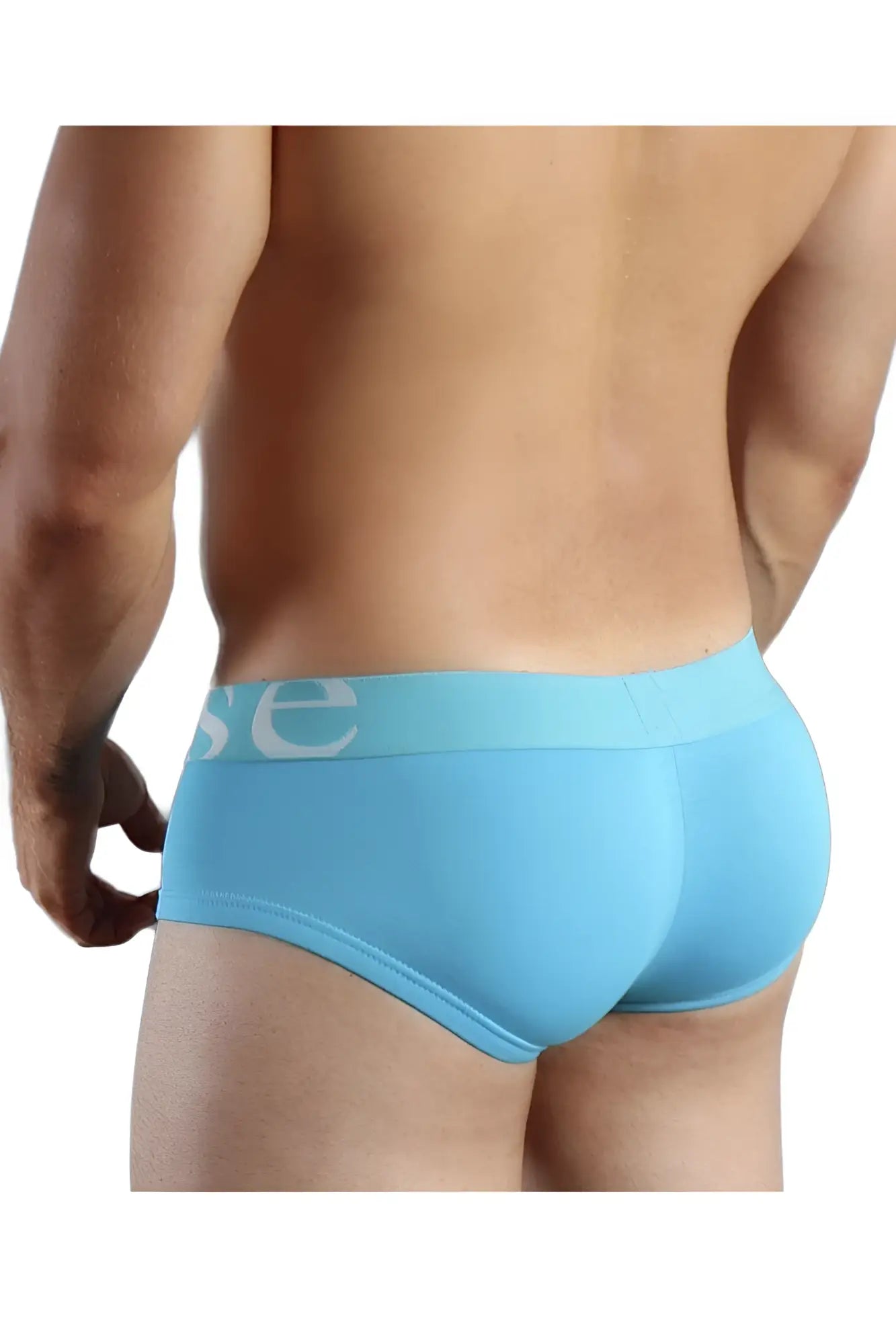 Light blue doreanse 1779 trq pouch mini trunk briefs with matching elastic waistband featuring se logo in white
