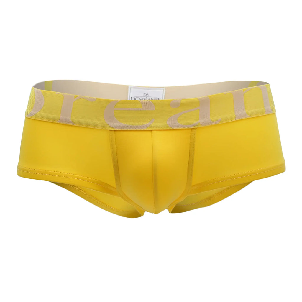 Doreanse 1779 ylw bright yellow men’s briefs with beige elastic waistband and dream lettering in light tan