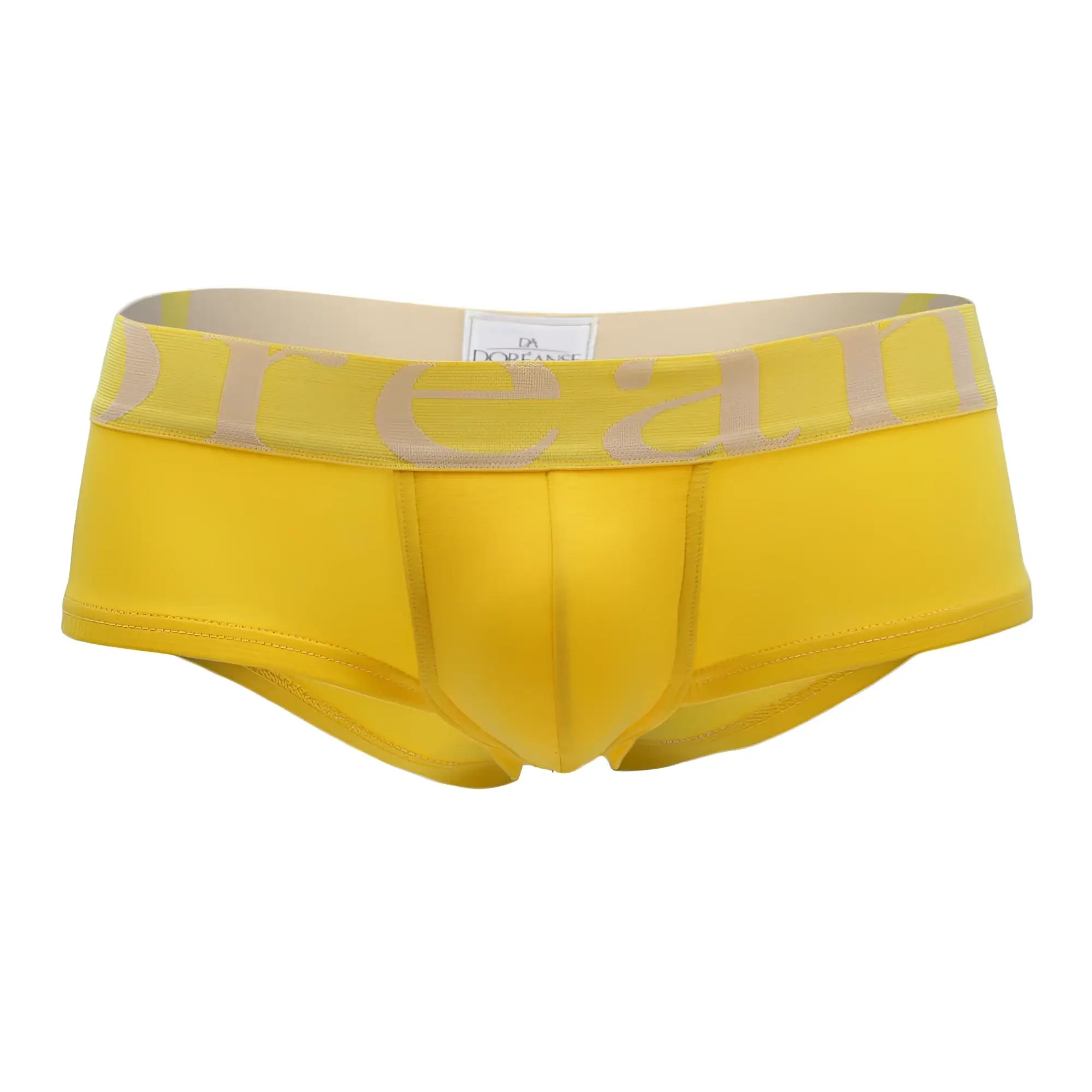 Doreanse 1779 ylw bright yellow men’s briefs with beige elastic waistband and dream lettering in light tan