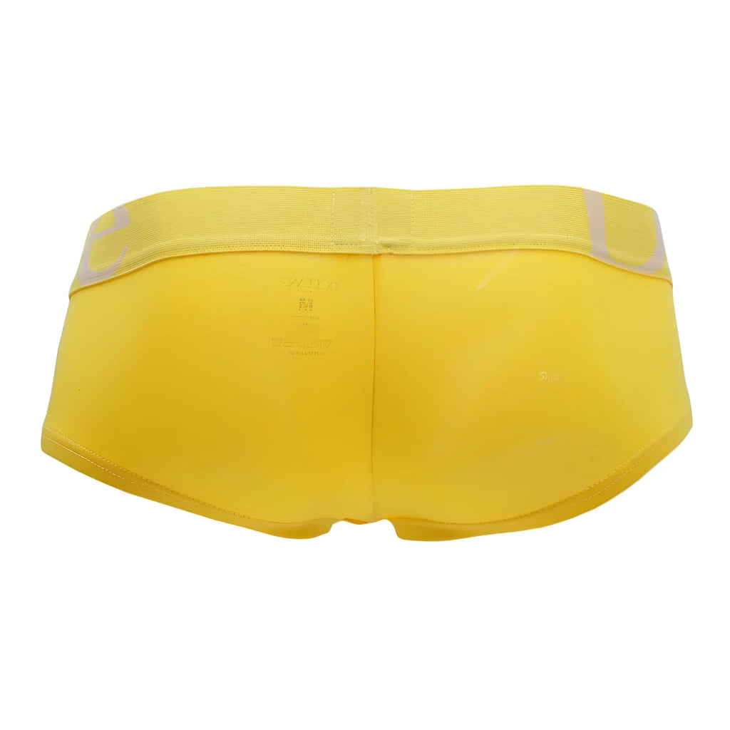 Bright yellow doreanse 1779-ylw pouch mini trunk briefs with a matching elastic waistband and subtle gray lettering