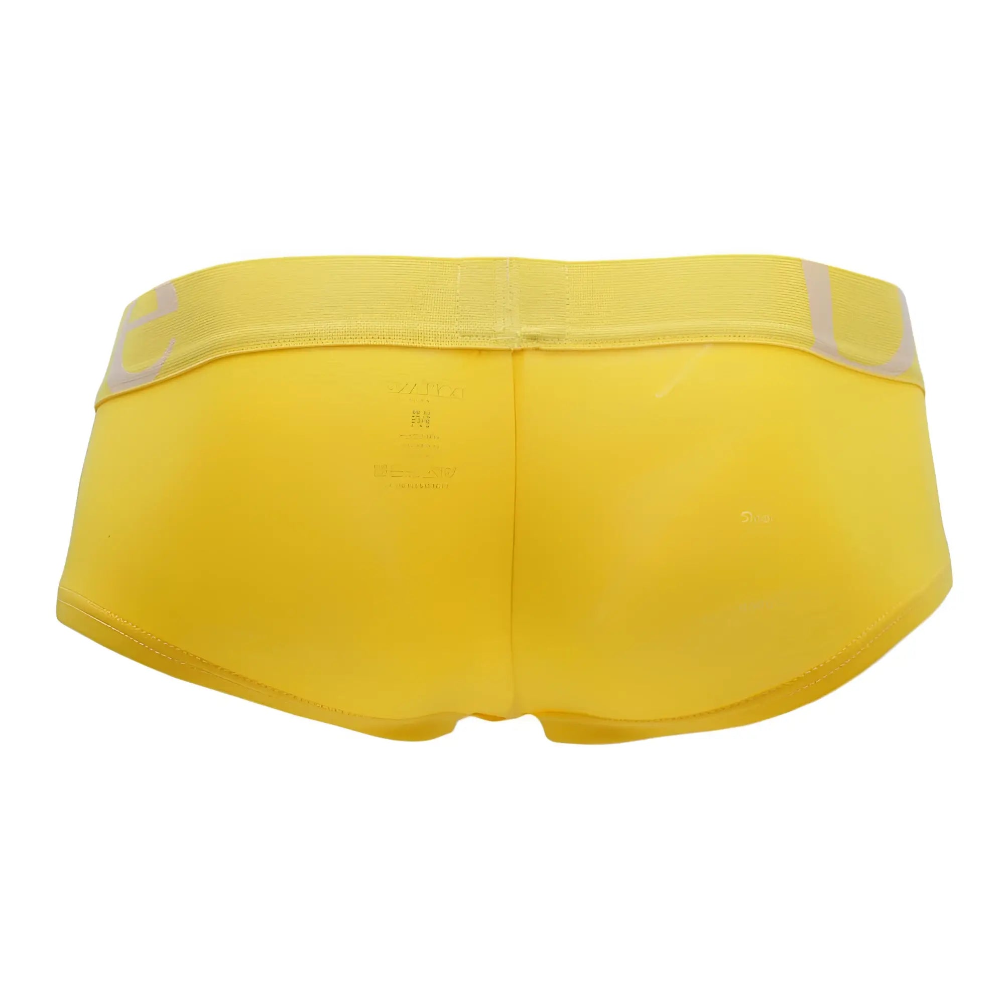 Bright yellow doreanse 1779-ylw pouch mini trunk briefs with a matching elastic waistband and subtle gray lettering