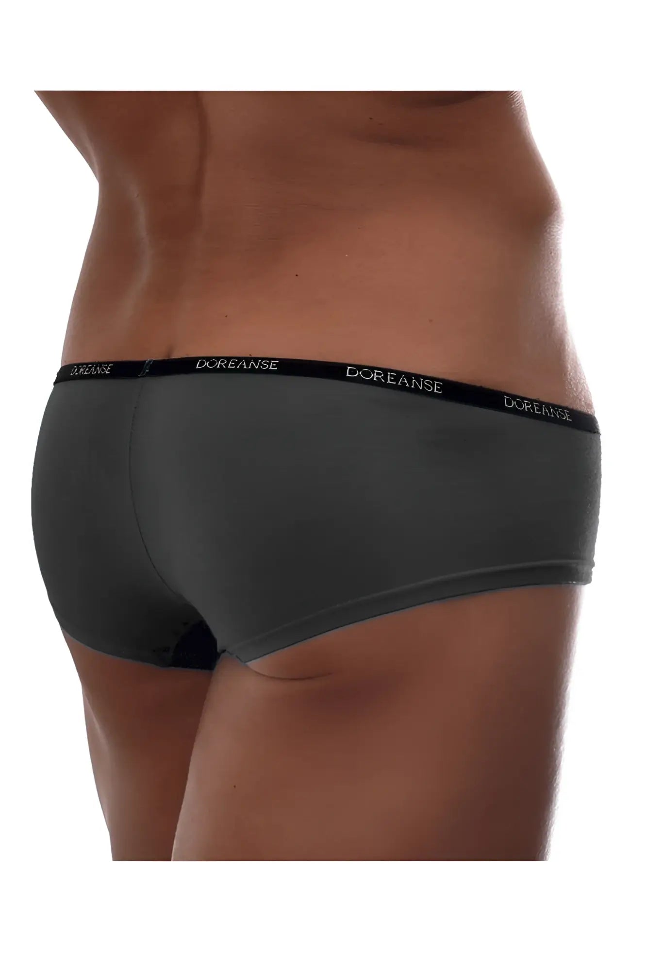 Dark gray doreanse 1781-smk naked mini trunk briefs with black elastic waistband and white brand lettering color smoke