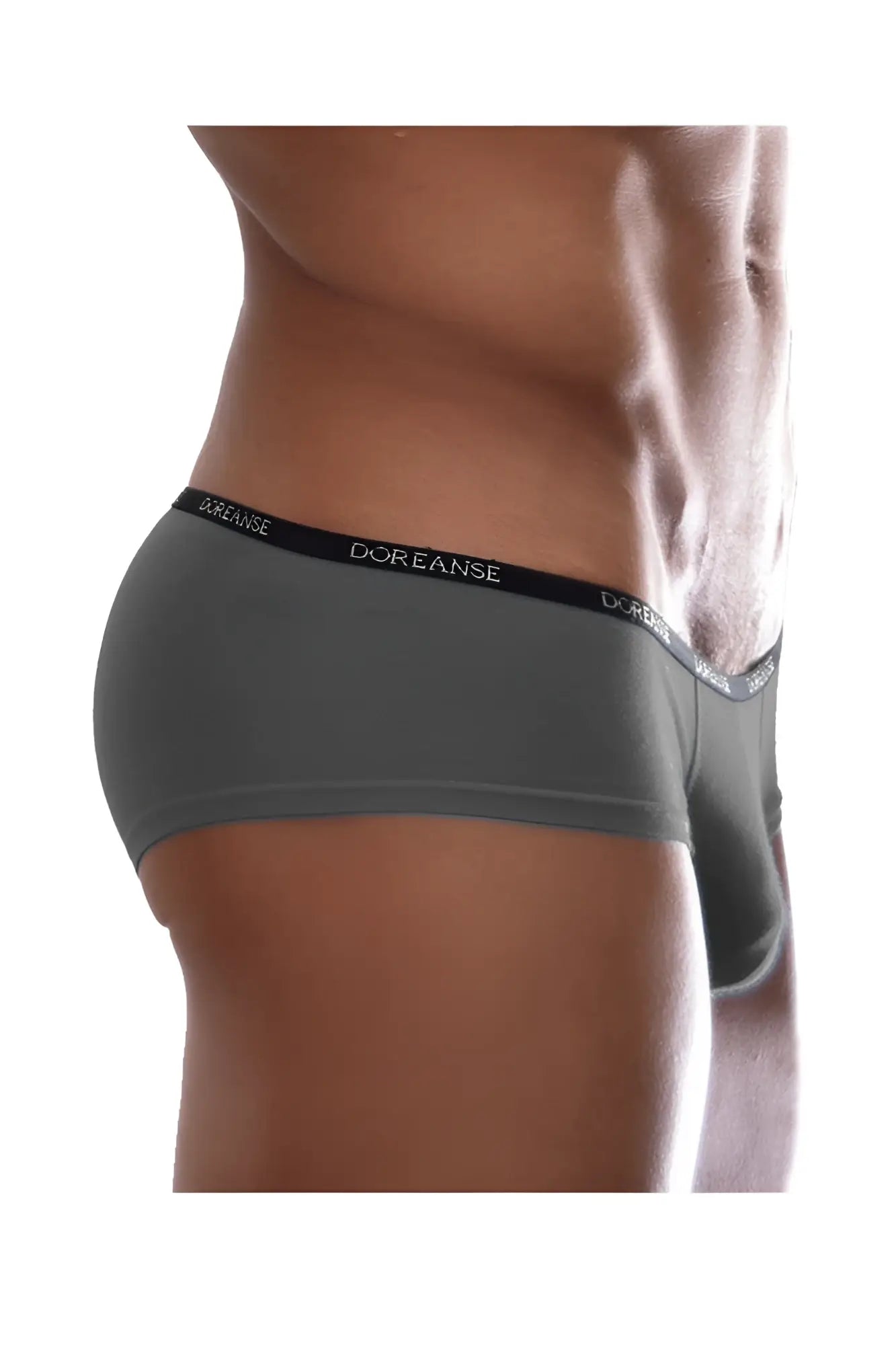 Gray doreanse 1781-SMK naked mini trunk briefs in smoke color with black waistband and white brand name lettering