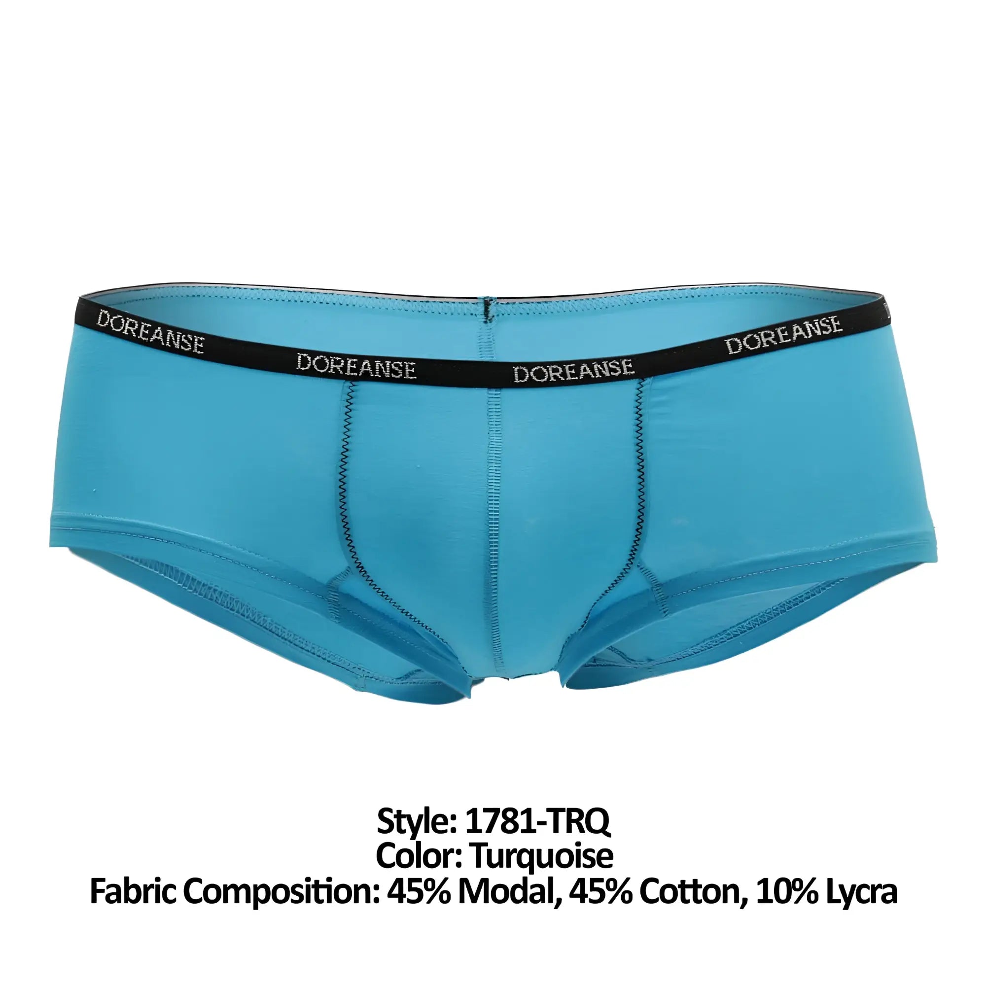 Turquoise doreanse 1781-trq naked mini trunk briefs with black waistband and white brand name lettering