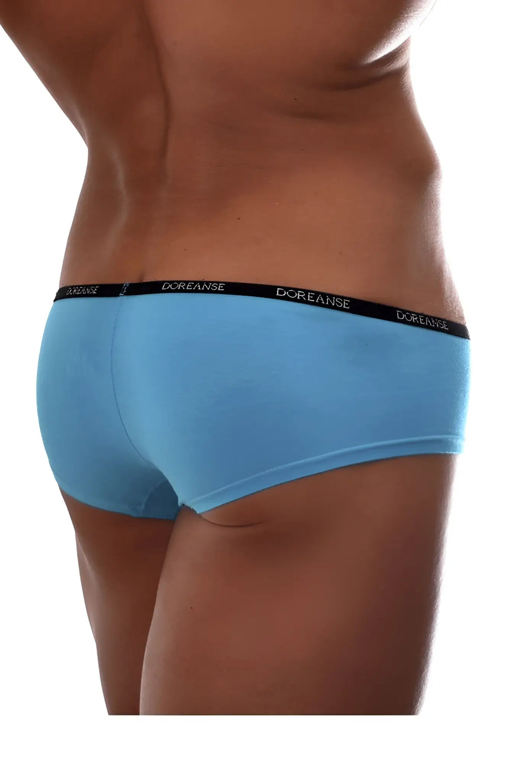 Light blue doreanse 1781-trq naked mini trunk briefs with black waistband featuring white brand name lettering