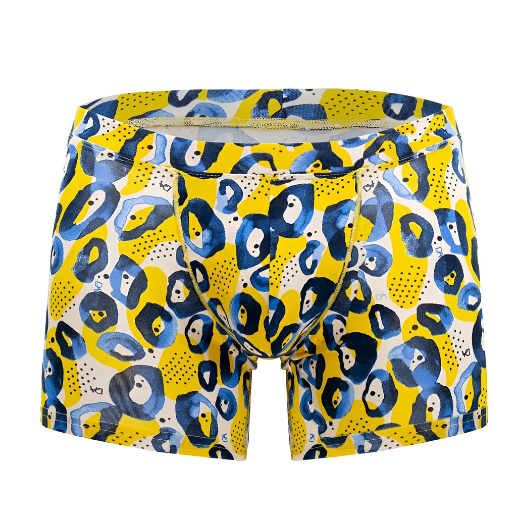 Bright yellow doreanse 1799-prn leopard art boxer briefs with bold blue and white abstract leopard print pattern