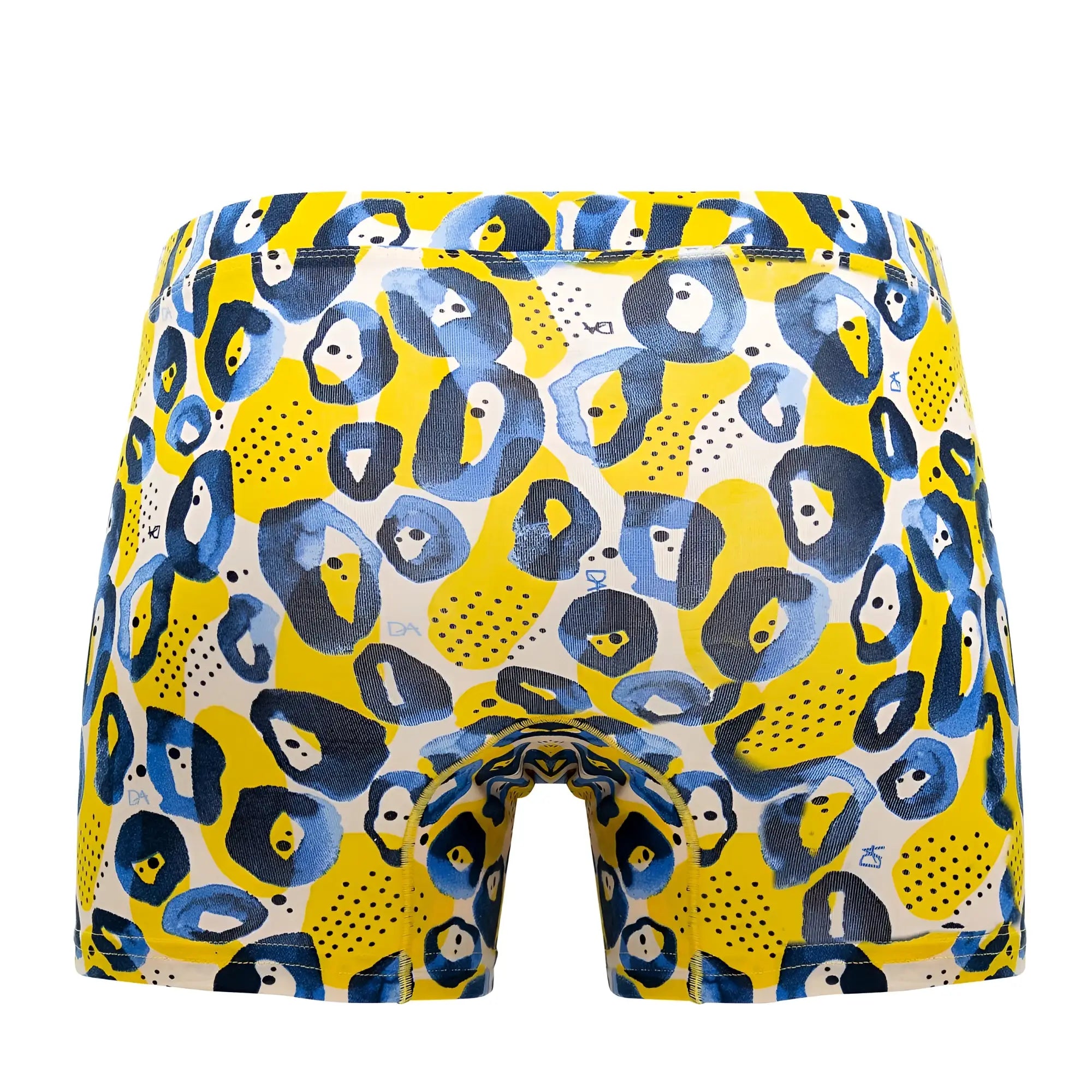 Doreanse 1799-PRN leopard art boxer briefs in bright yellow and navy blue with playful printed pattern on white base