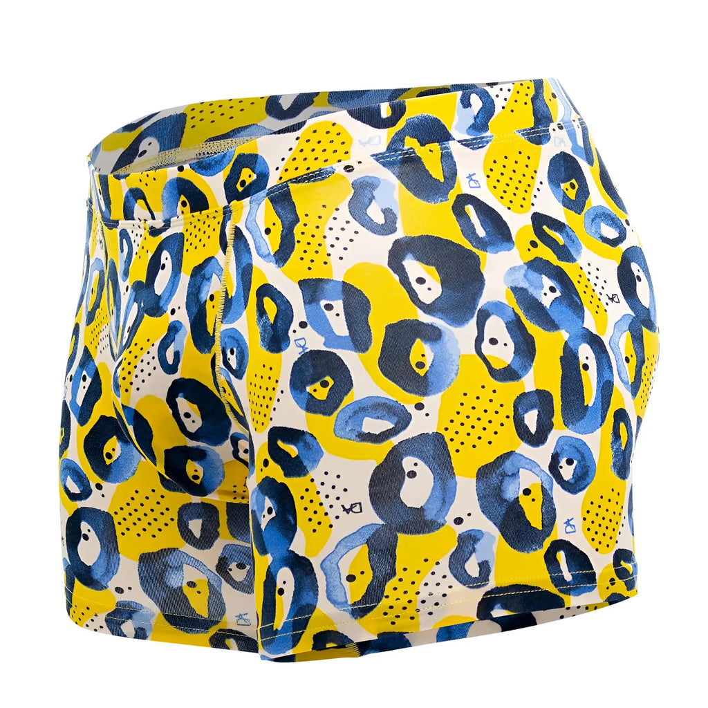 Doreanse 1799-prn leopard art boxer briefs in vibrant yellow and navy blue with abstract leopard print design