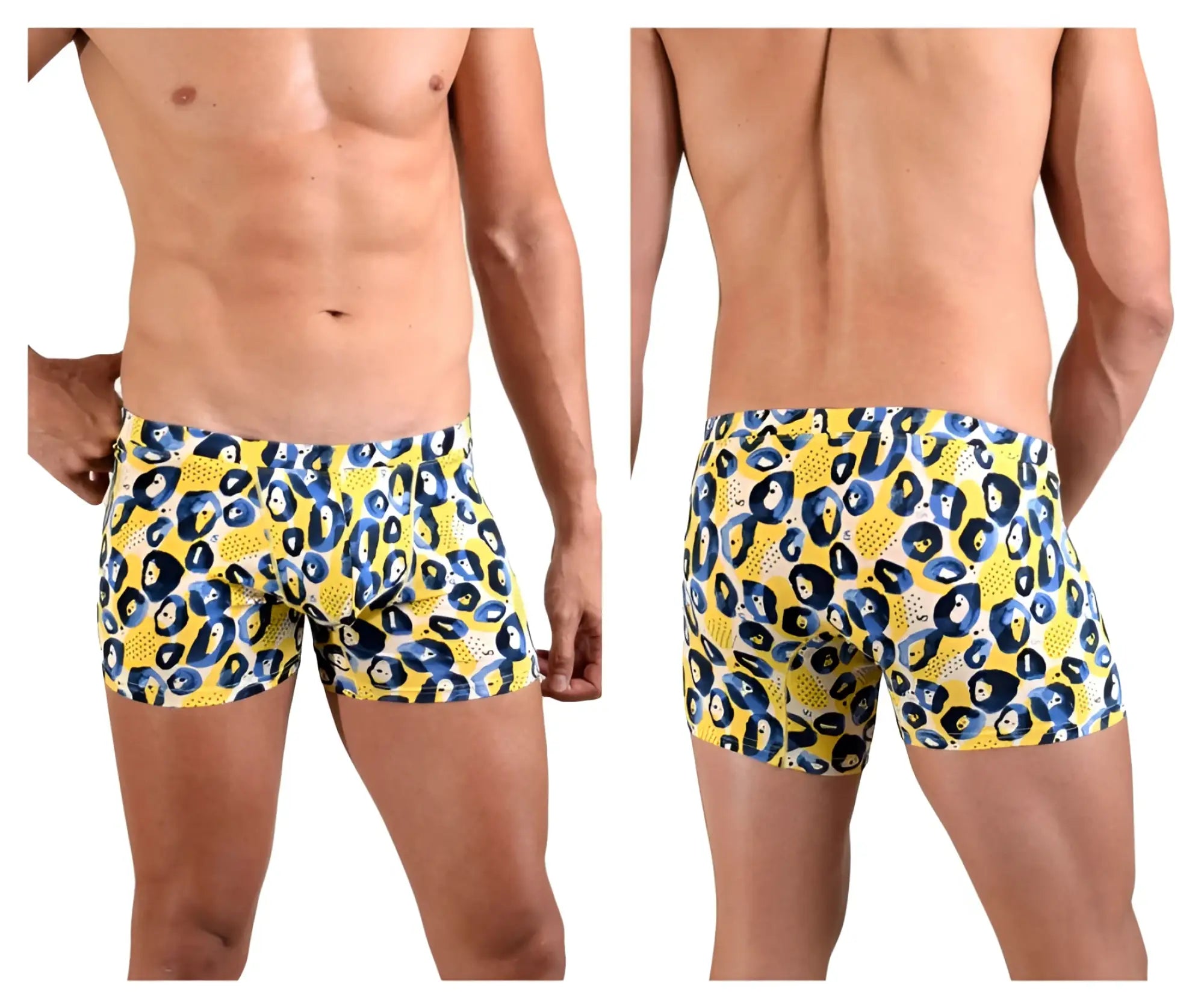 Doreanse 1799-prn leopard art boxer briefs in yellow and blue leopard print made of soft breathable fabric