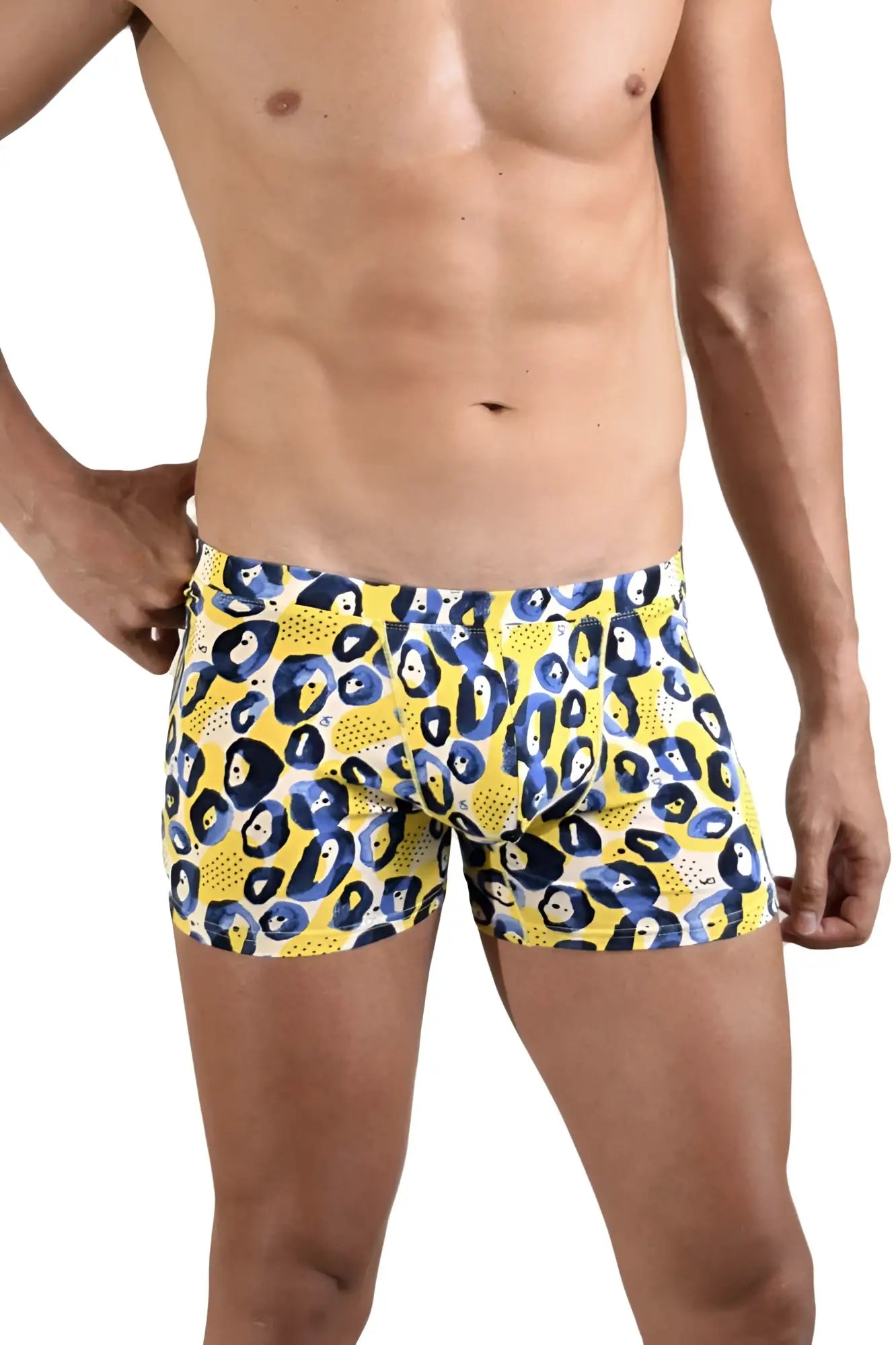 Yellow boxer briefs with bold blue and black leopard print pattern from doreanse 1799-prn leopard art boxer briefs color printed