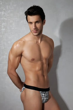 Doreanse collage bikini underwear size S black and gray patterned briefs with solid black waistband front view