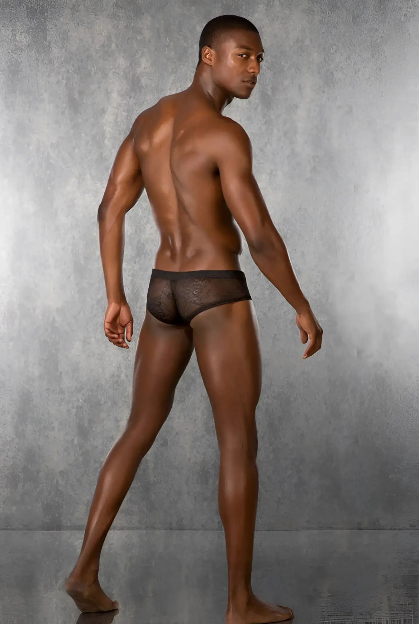 Doreanse lace boxer brief underwear black size l featuring sheer black lace pattern men’s briefs front view