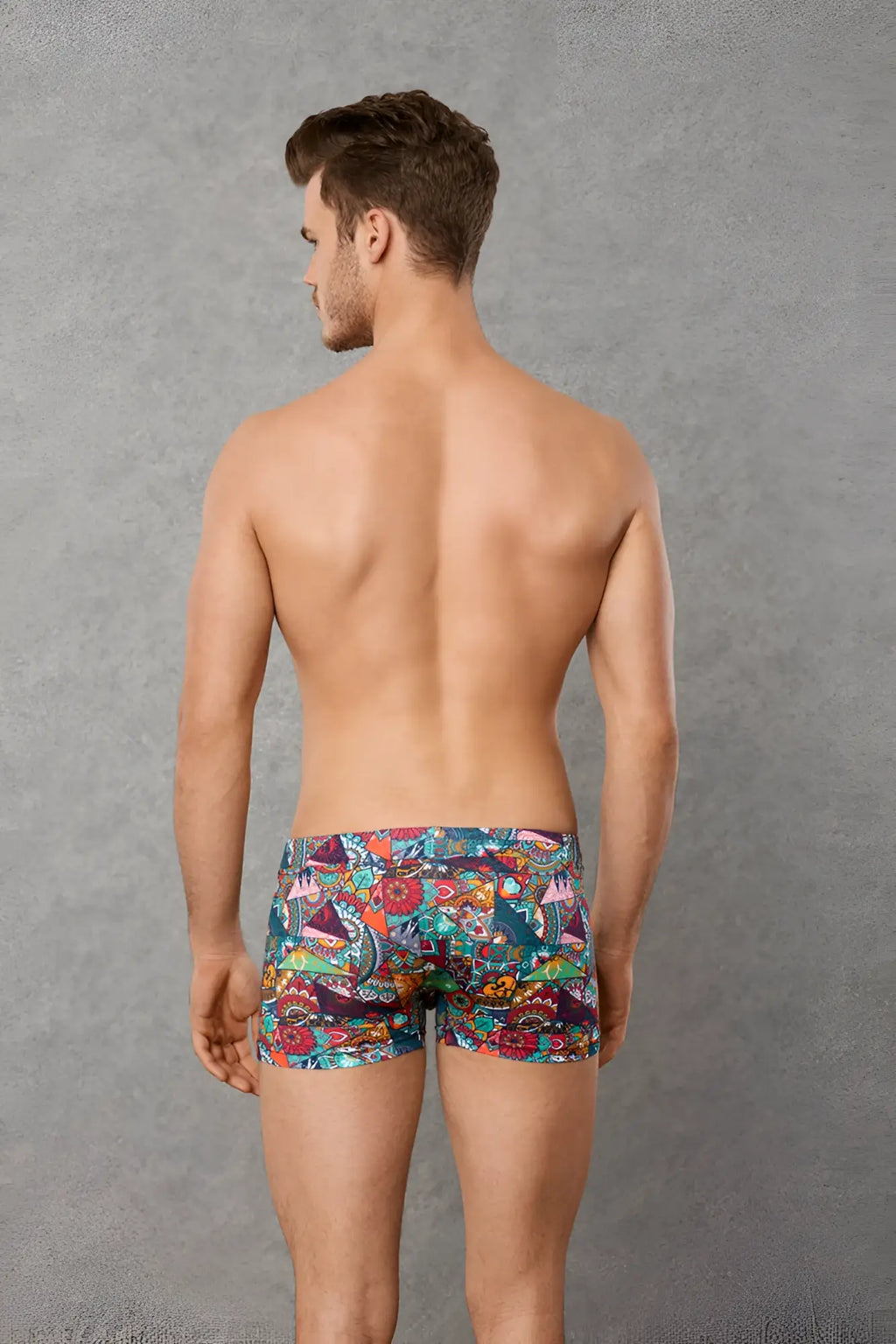Men’s doreanse patchwork boxer brief underwear size m with colorful tropical and geometric patterns in teal red purple and orange