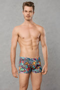 Men’s doreanse patchwork boxer briefs size m with colorful cartoonish pattern in blue green orange and purple
