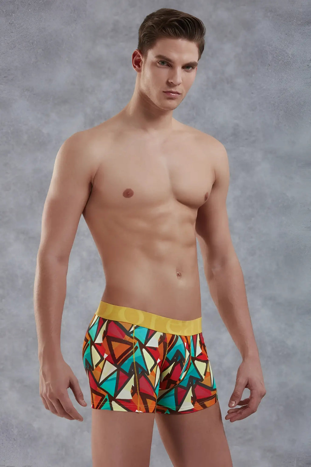 Doreanse Prisma boxer brief underwear size m with vibrant geometric pattern and bold yellow waistband in soft fabric