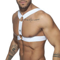 White adjustable chest harness with double metal rings and small logo tag for secure fit and style